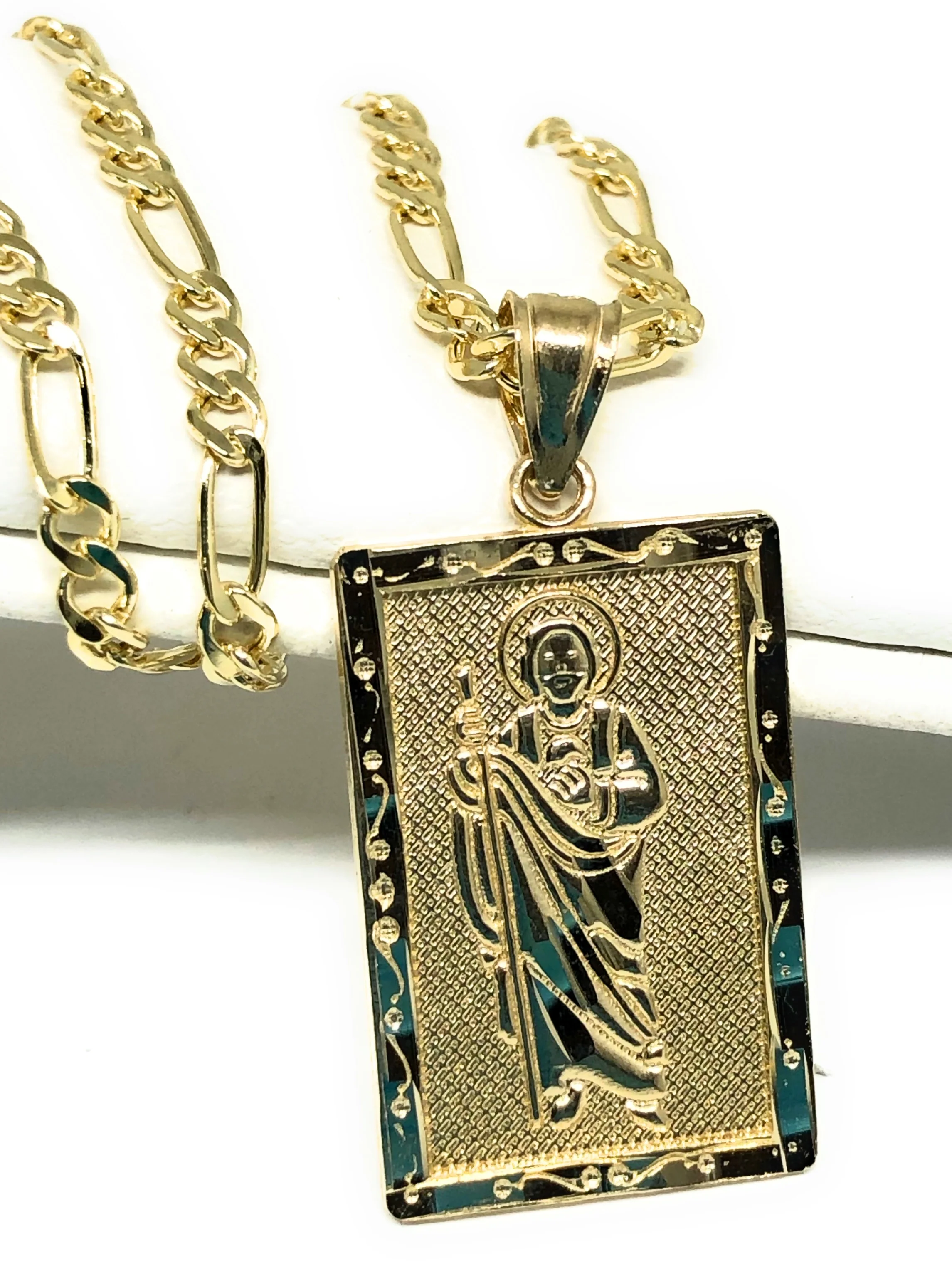 14k Solid Gold Yellow Classic Saan Judas Saaint Jude Square Pendant with Figaro Chain (SM, MED,LG) - Image 10