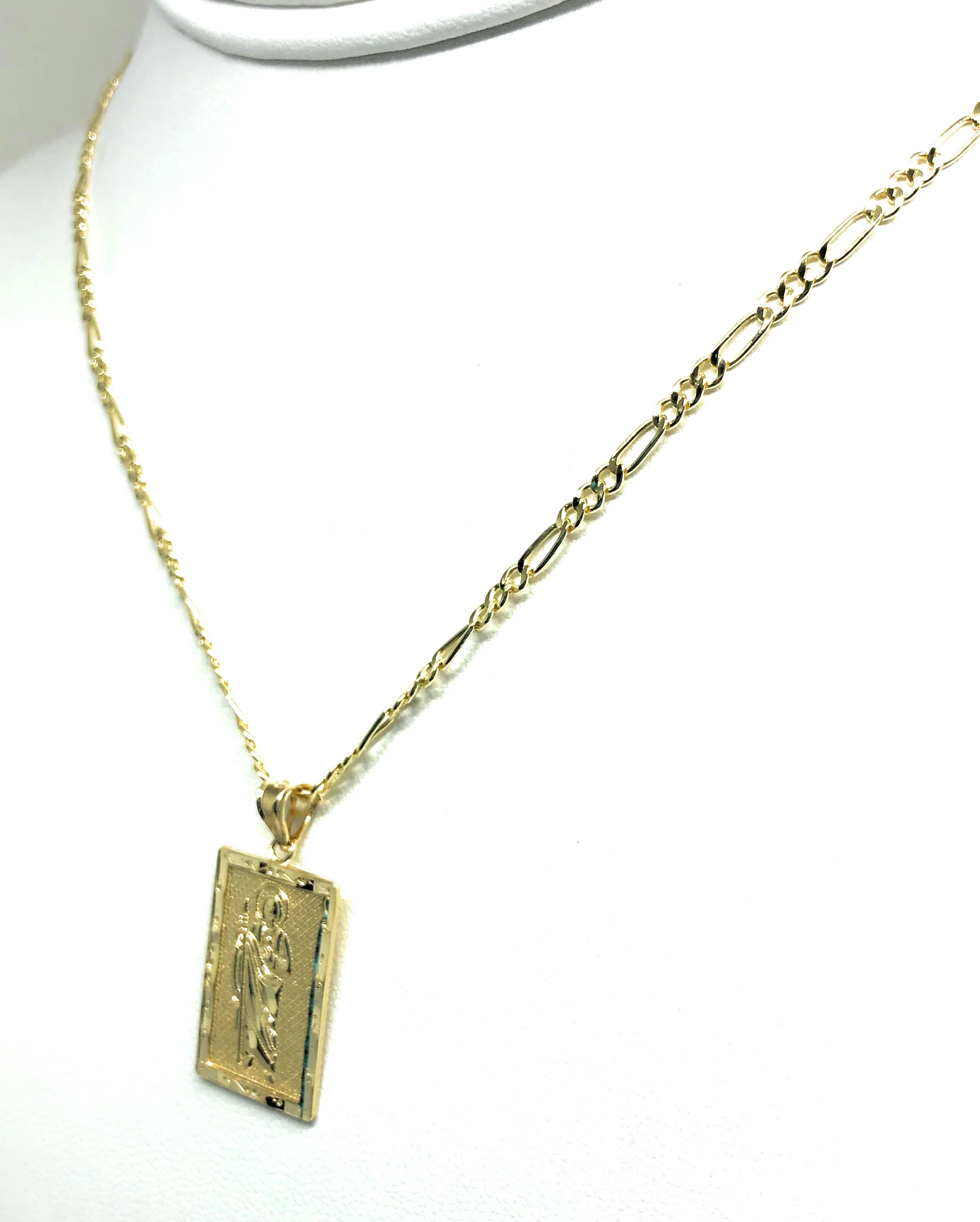 14k Solid Gold Yellow Classic Saan Judas Saaint Jude Square Pendant with Figaro Chain (SM, MED,LG) - Image 6