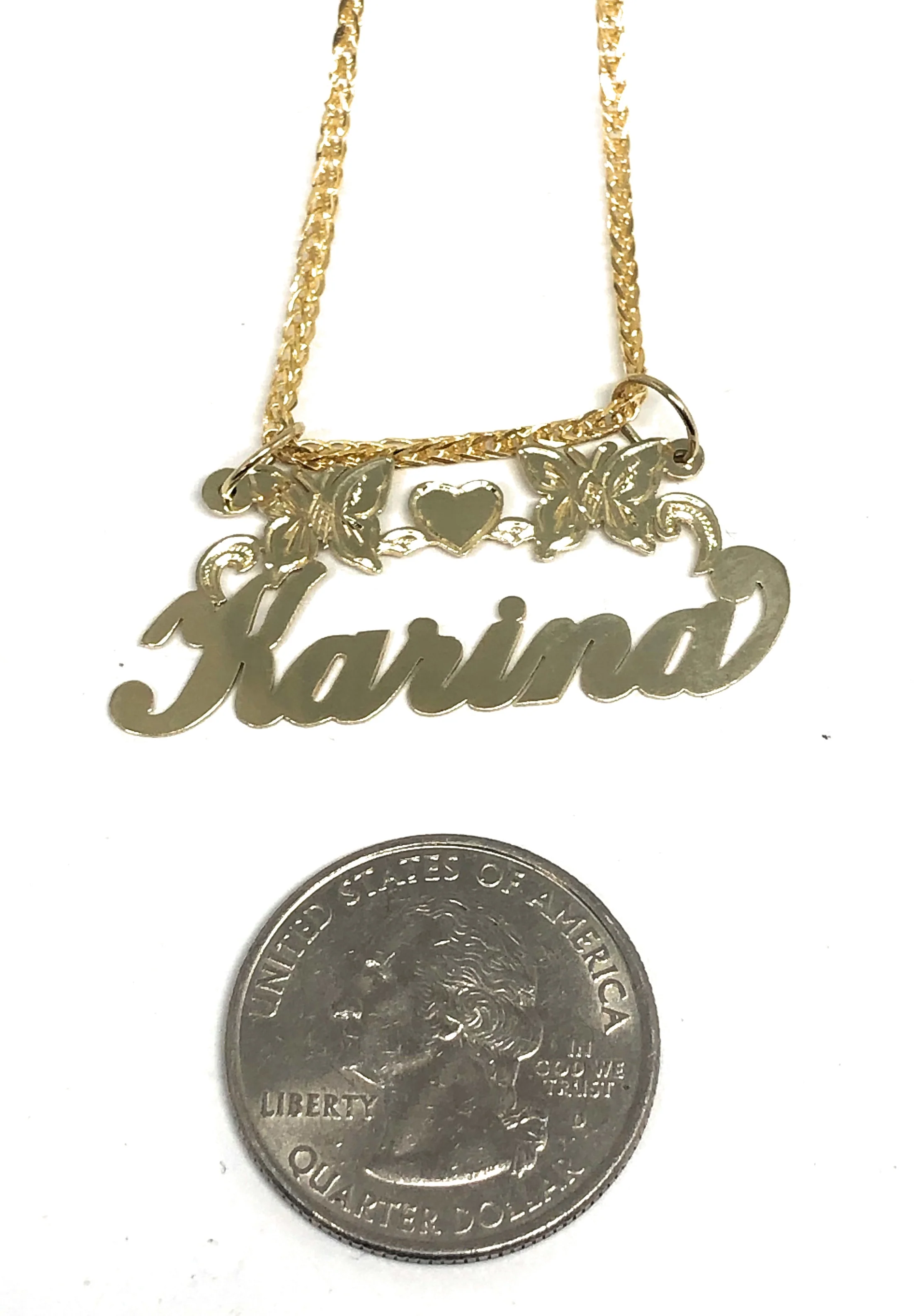 14k Solid Gold Yellow Cursive Butterflies & Heart Custom Nameplate Pendant Necklace with Chain Options - Image 2