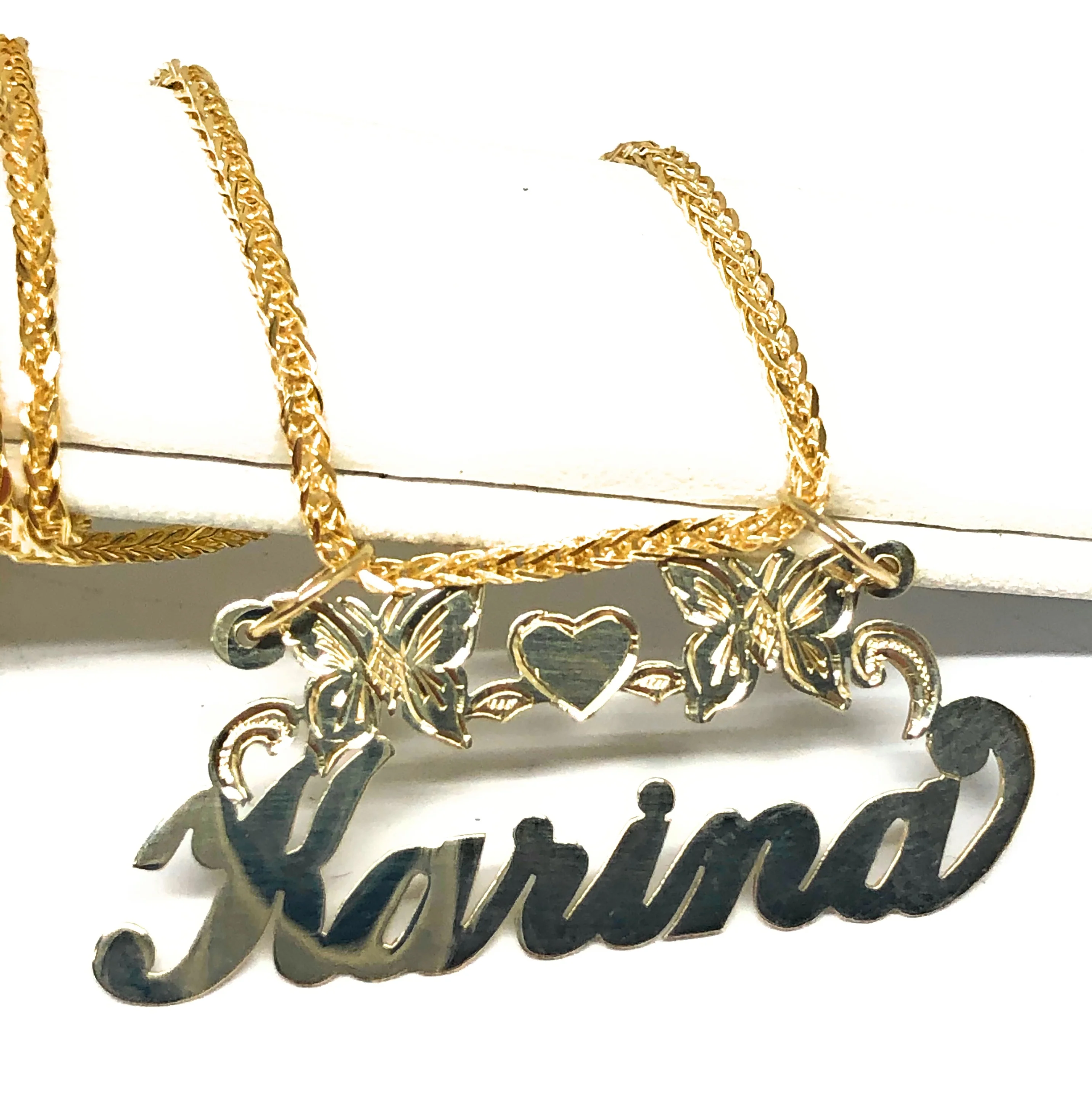 14k Solid Gold Yellow Cursive Butterflies & Heart Custom Nameplate Pendant Necklace with Chain Options - Image 3