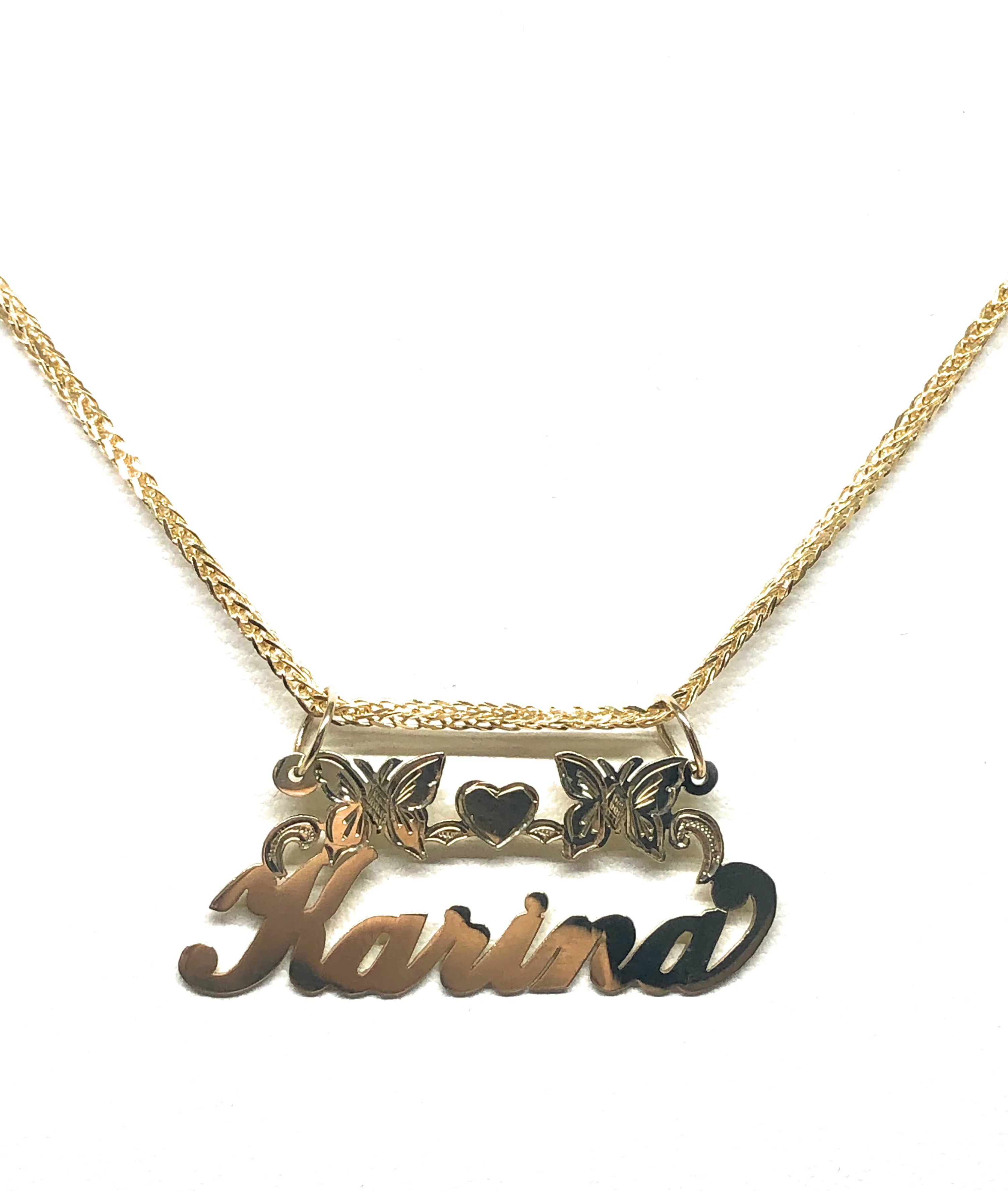 14k Solid Gold Yellow Cursive Butterflies & Heart Custom Nameplate Pendant Necklace with Chain Options - Image 4