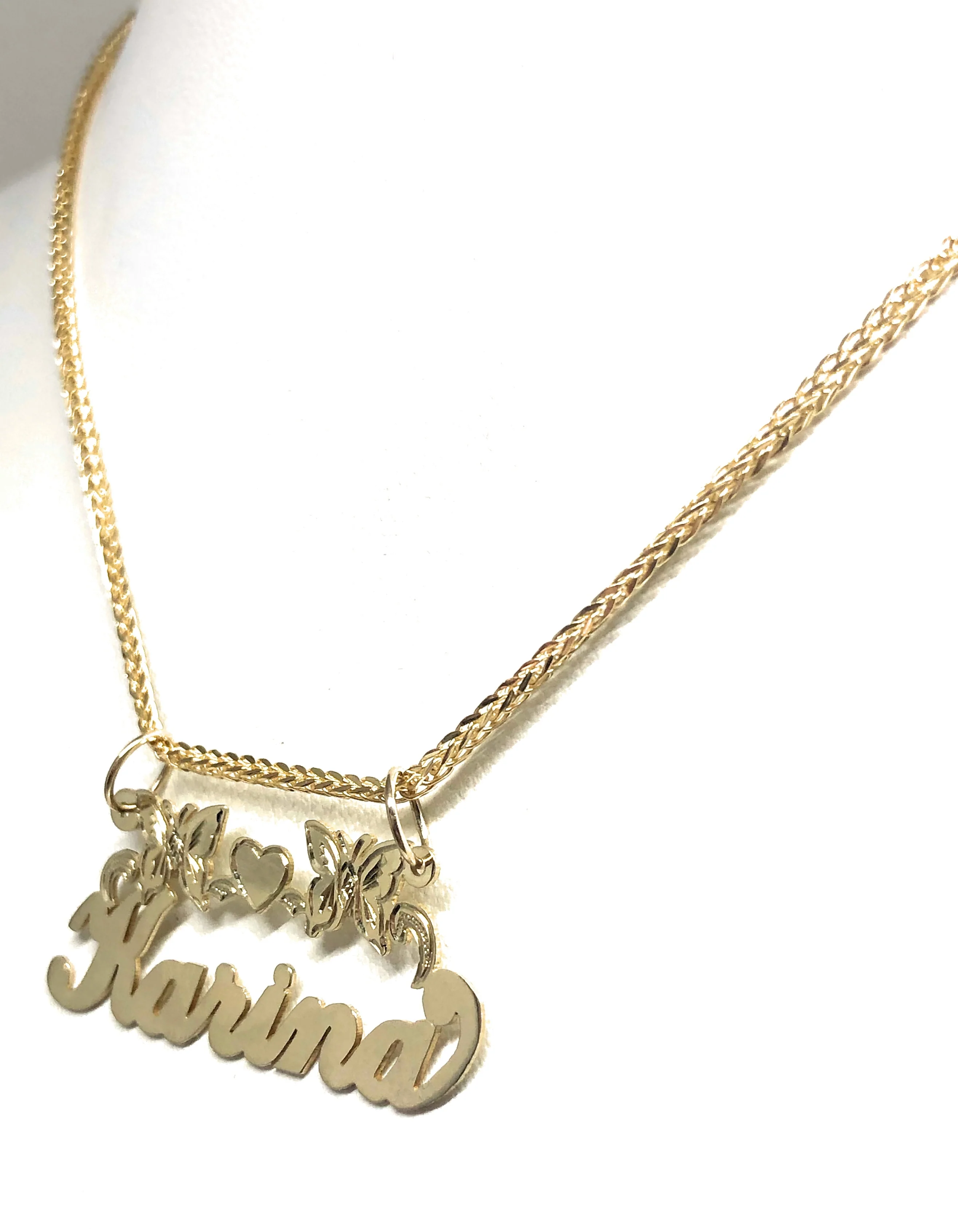 14k Solid Gold Yellow Cursive Butterflies & Heart Custom Nameplate Pendant Necklace with Chain Options - Image 7