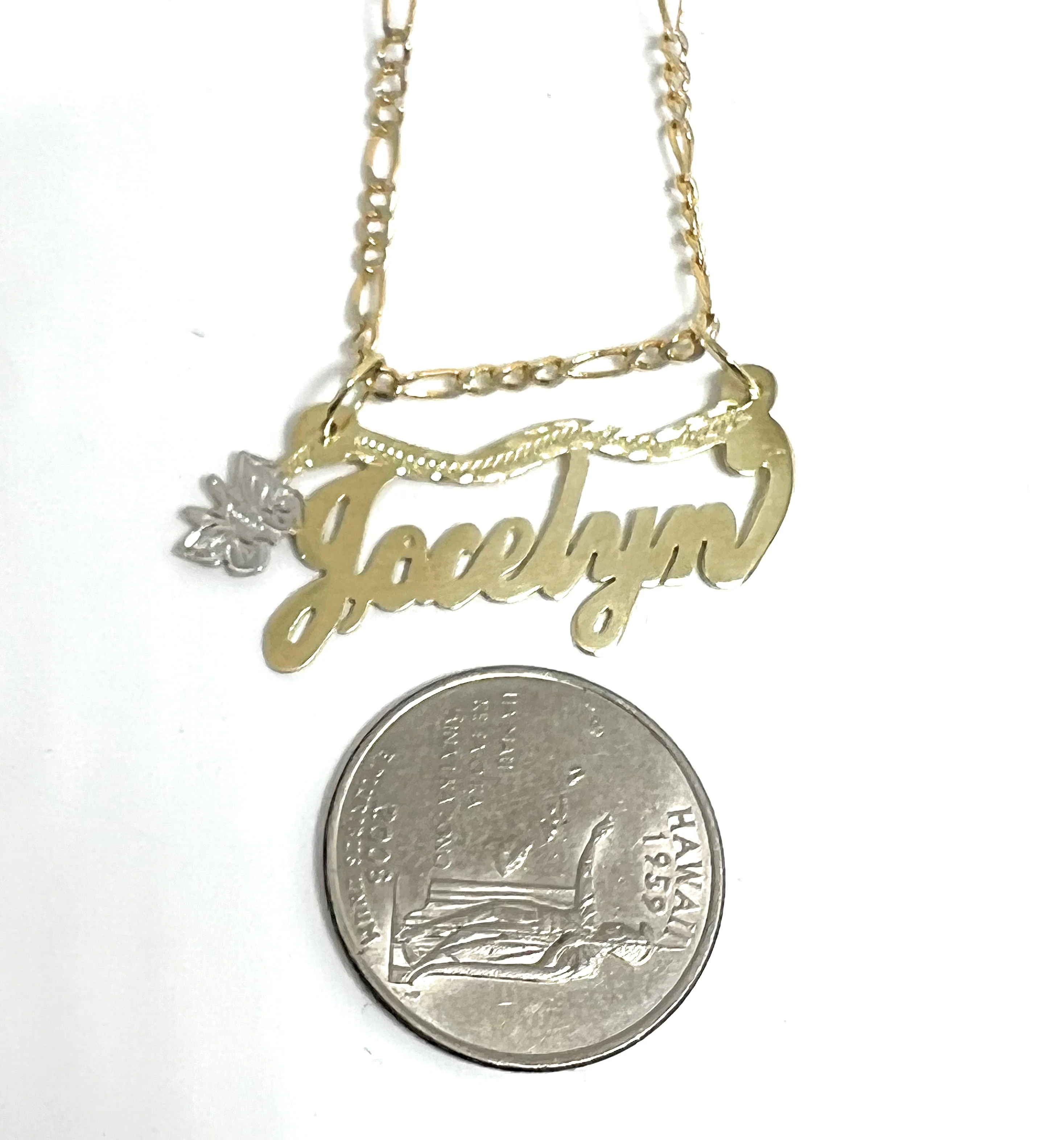 14k Solid Gold Yellow Cursive Butterfly Custom Nameplate Pendant Necklace with Chain Options - Image 2