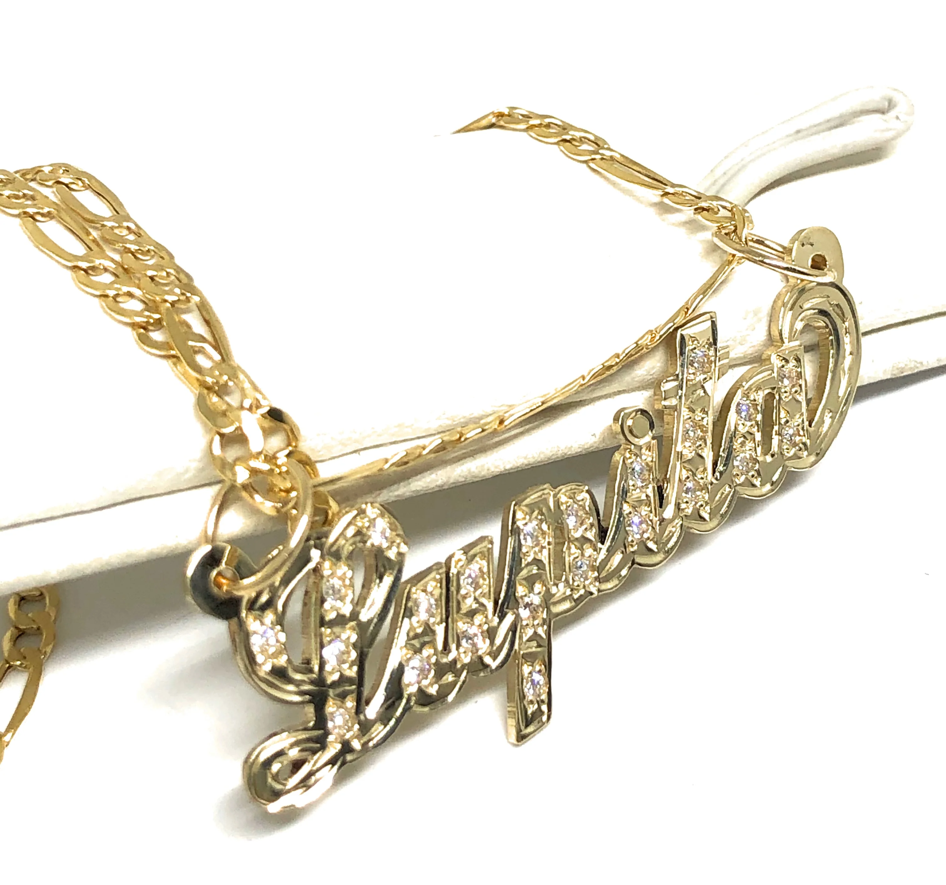 14k Solid Gold Yellow Cursive CZ Stones Custom Nameplate Pendant Necklace with Chain Options - Image 4