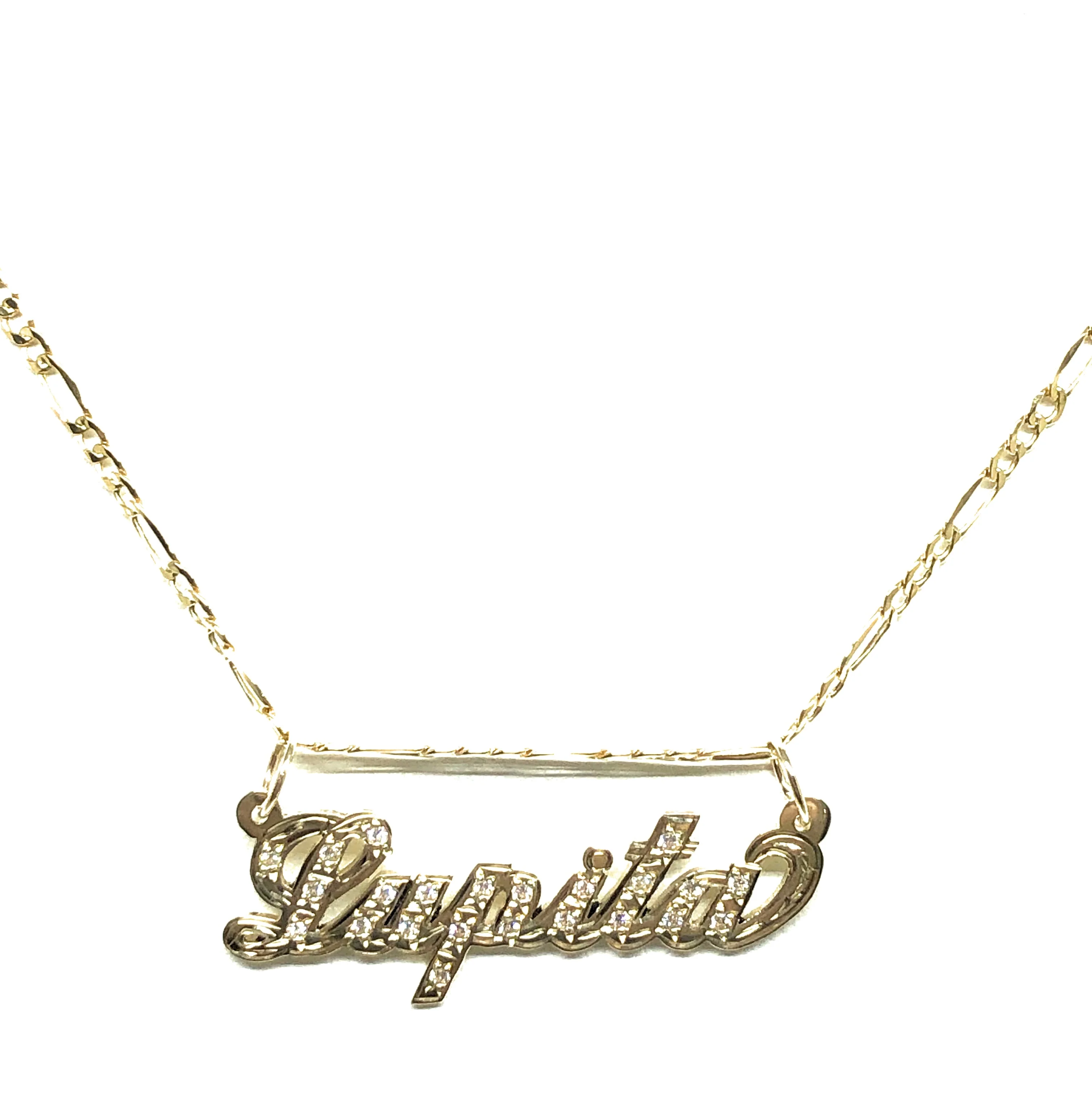 14k Solid Gold Yellow Cursive CZ Stones Custom Nameplate Pendant Necklace with Chain Options - Image 5