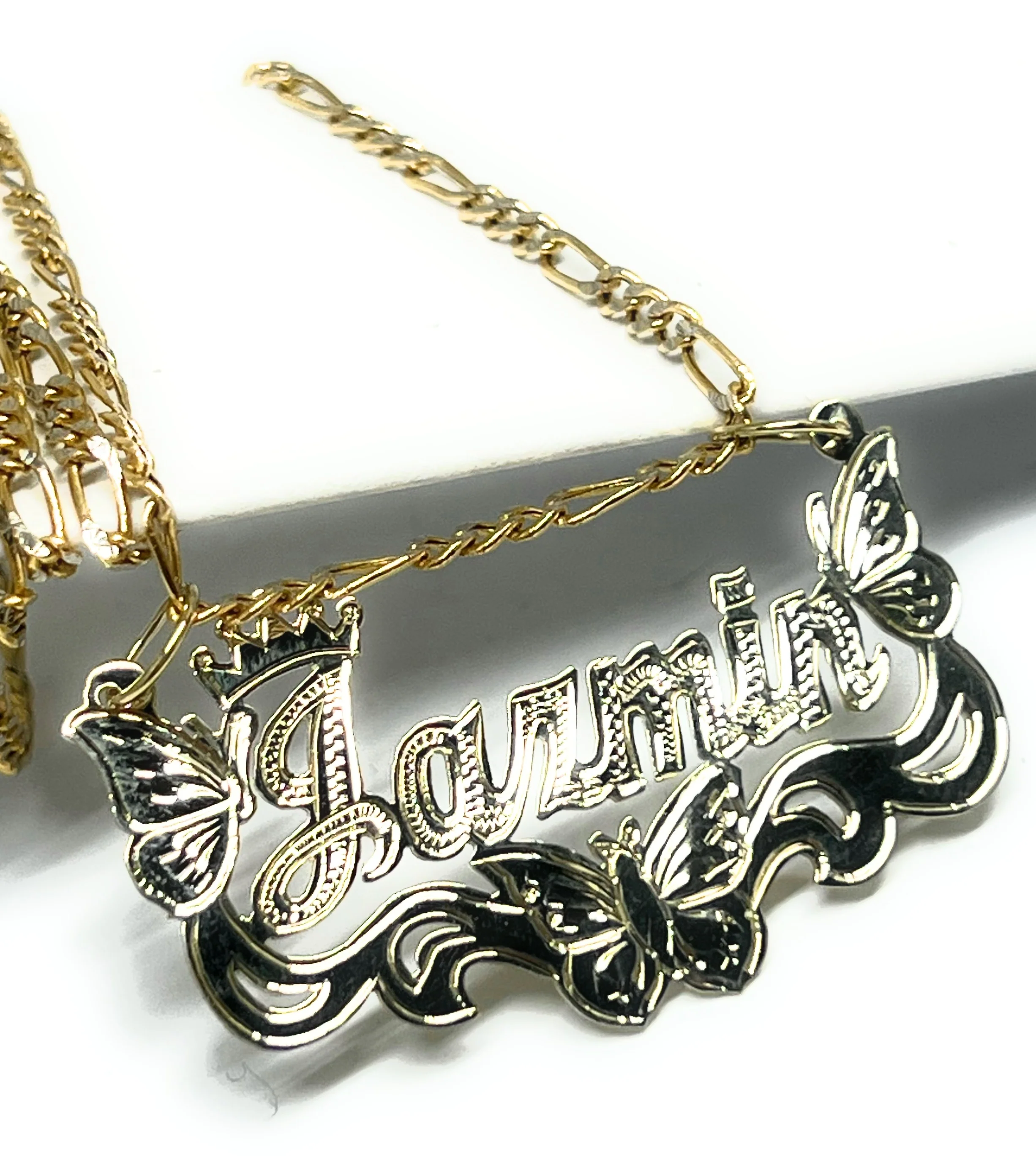 14k Solid Gold Yellow ENGRAVED Cursive BUTTERFLIES + CROWN Custom Nameplate Pendant Necklace - Image 3