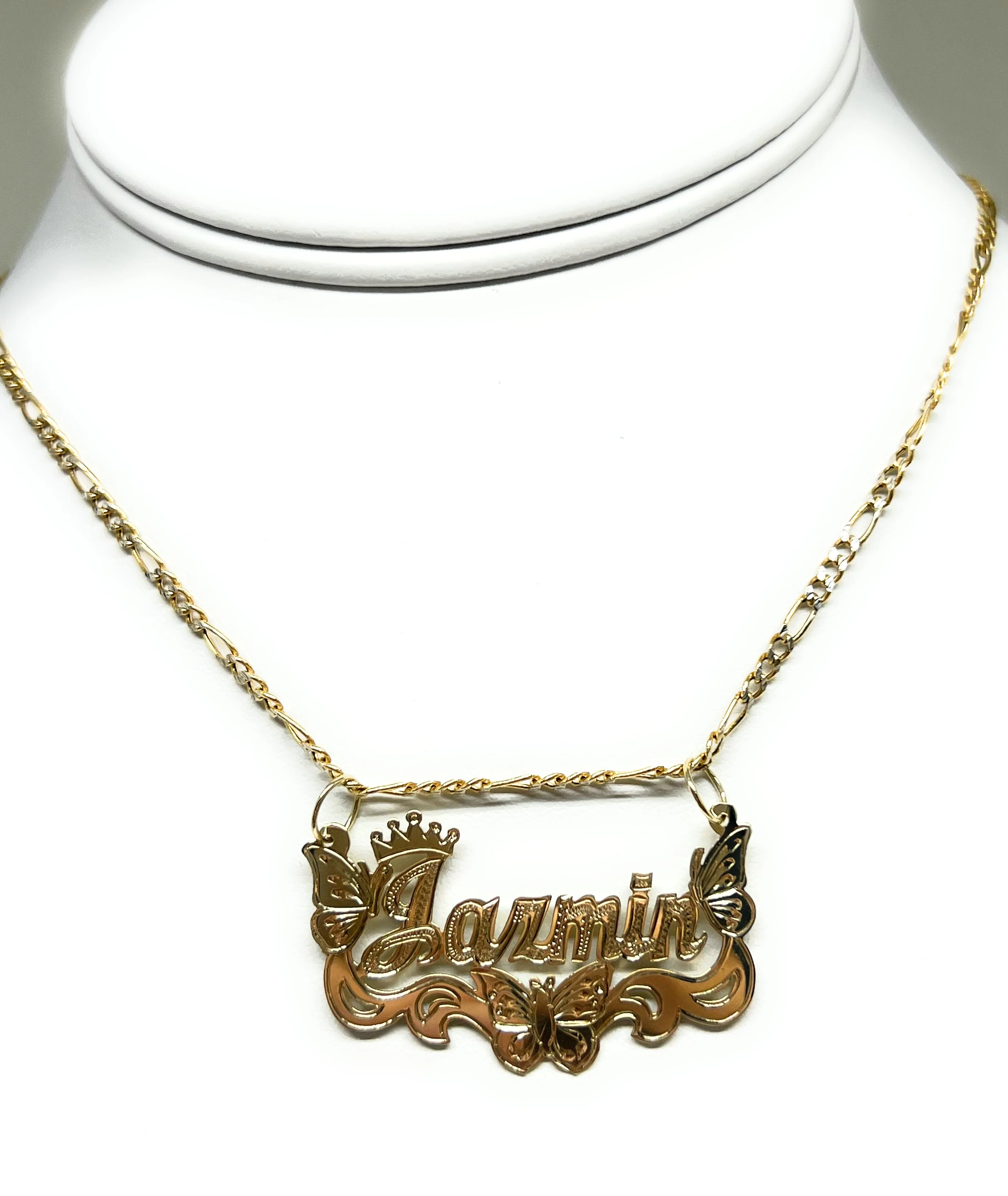 14k Solid Gold Yellow ENGRAVED Cursive BUTTERFLIES + CROWN Custom Nameplate Pendant Necklace - Image 6