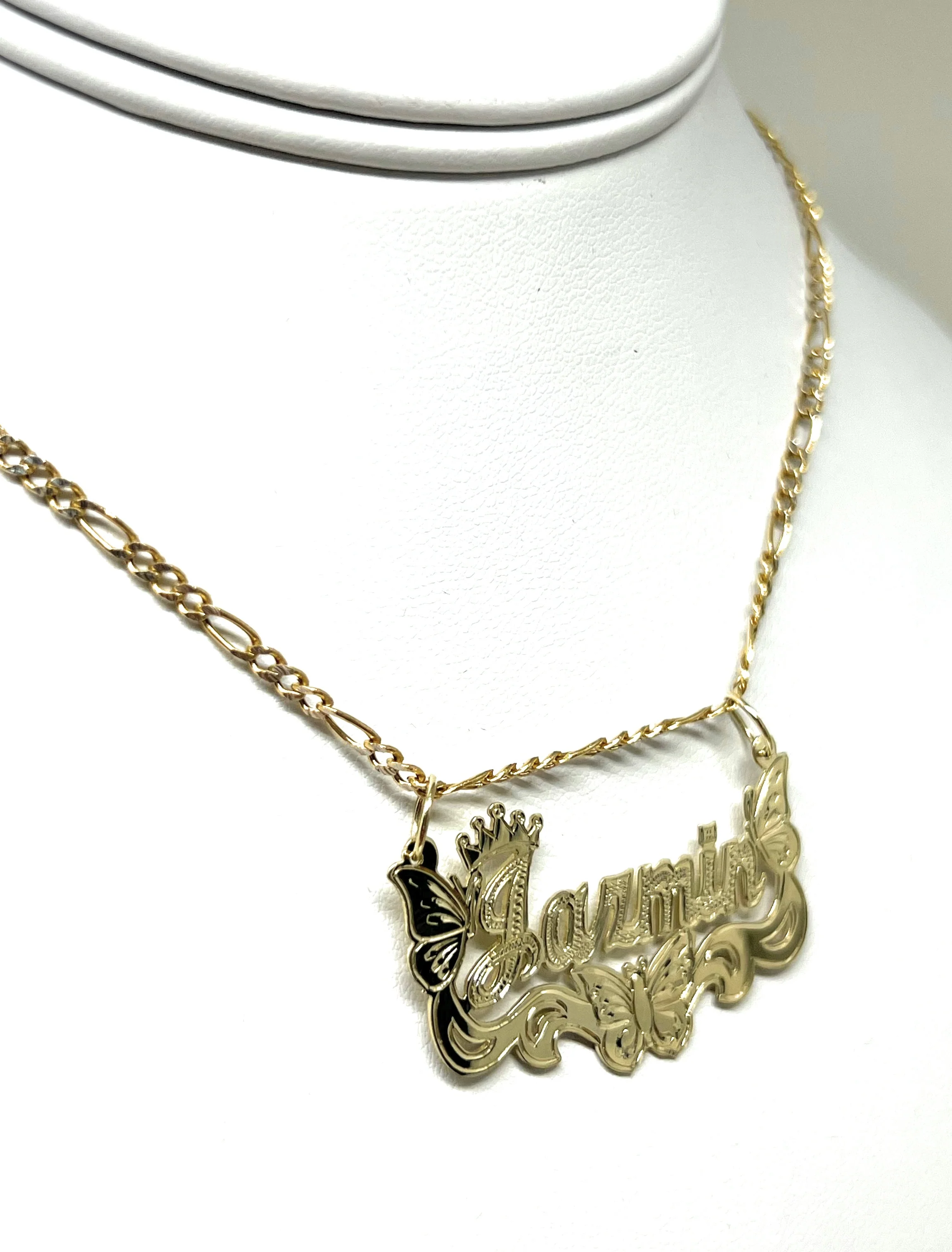 14k Solid Gold Yellow ENGRAVED Cursive BUTTERFLIES + CROWN Custom Nameplate Pendant Necklace - Image 7