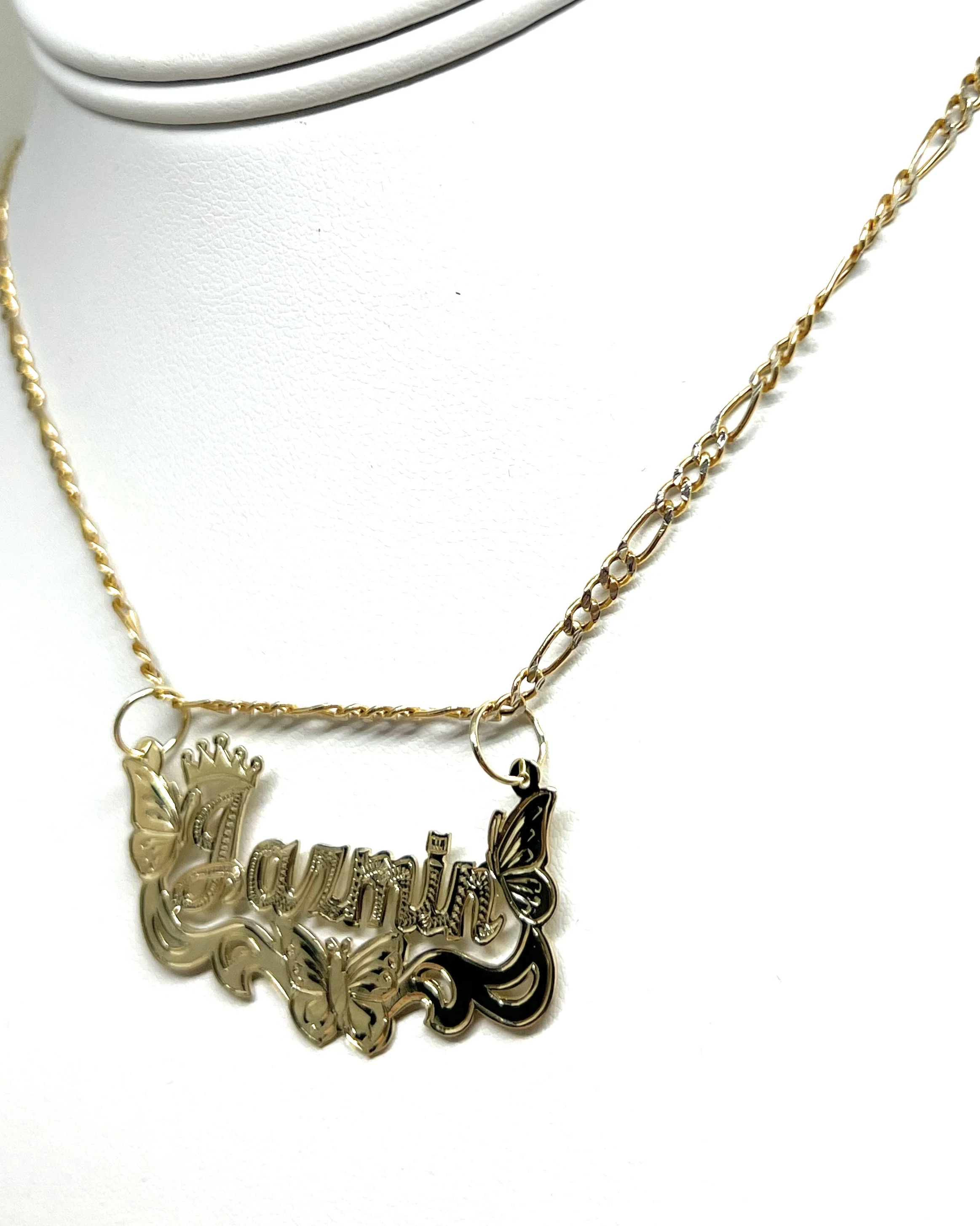 14k Solid Gold Yellow ENGRAVED Cursive BUTTERFLIES + CROWN Custom Nameplate Pendant Necklace - Image 8