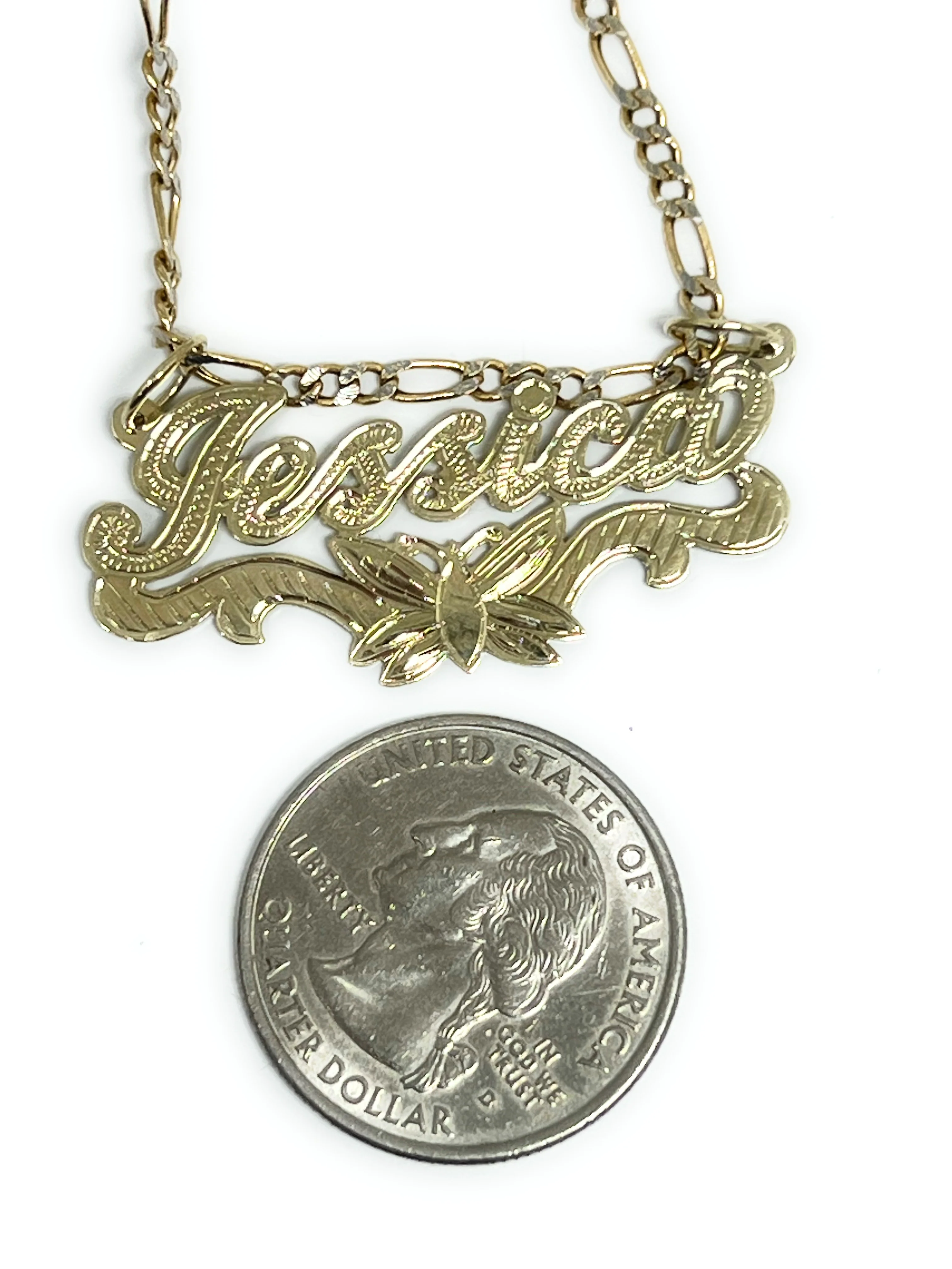 14k Solid Gold Yellow ENGRAVED Cursive Butterflies Custom Nameplate Pendant Necklace - Image 2