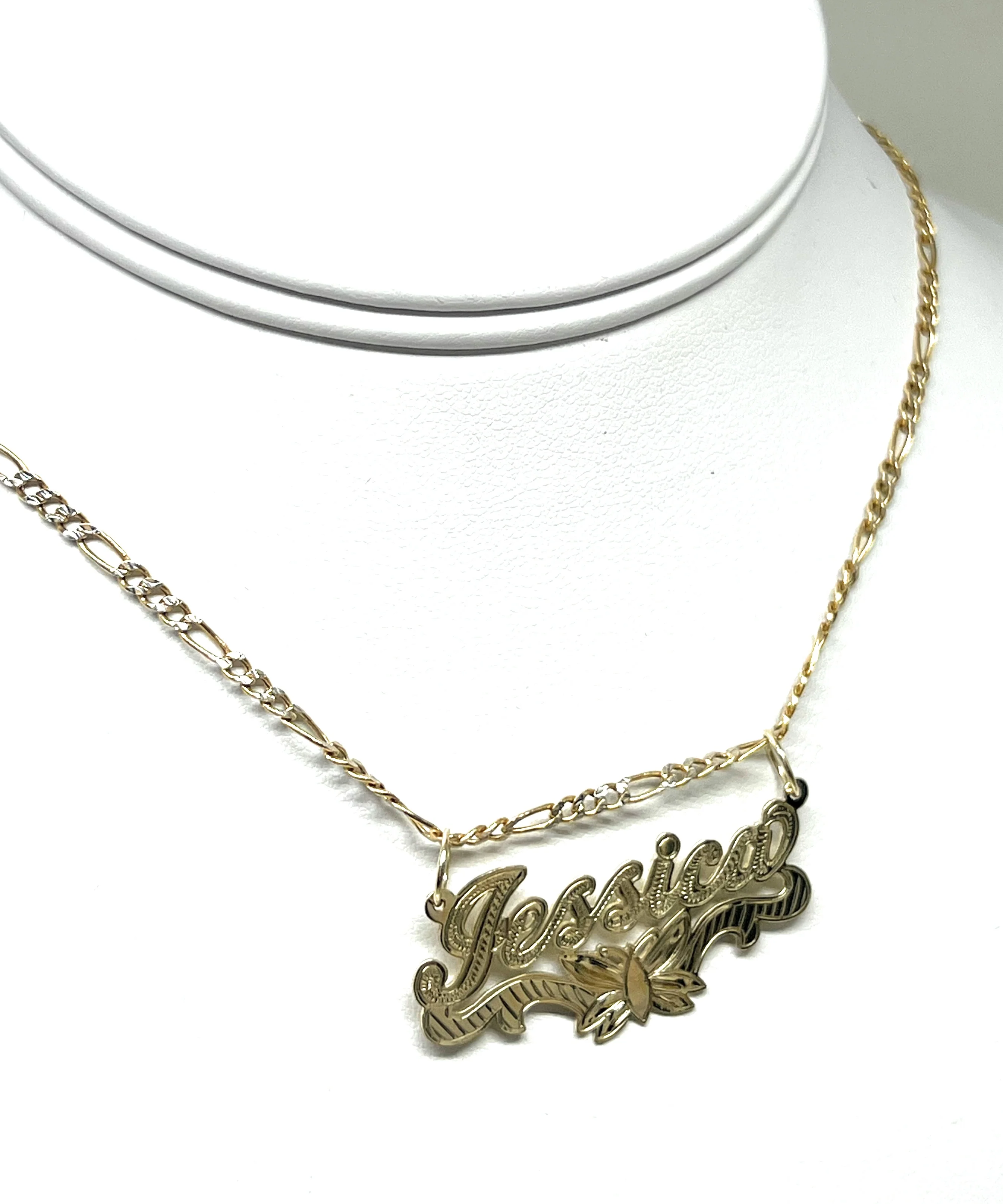 14k Solid Gold Yellow ENGRAVED Cursive Butterflies Custom Nameplate Pendant Necklace - Image 6