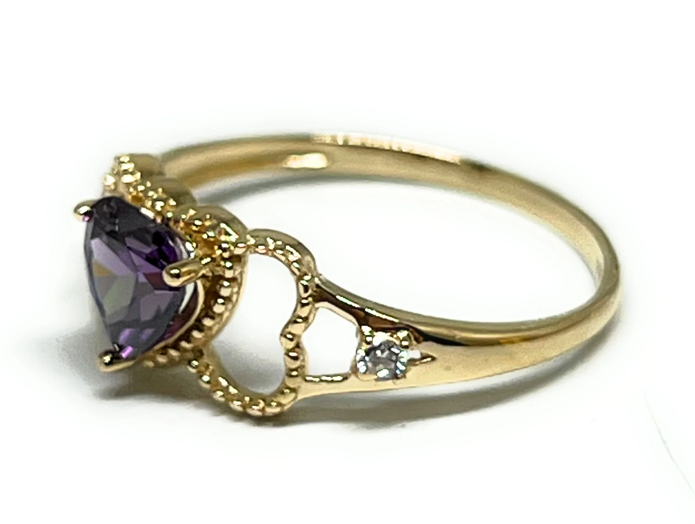 14k Solid Gold Yellow Gold Heart PURPLE CZ Ring (FC 293) - Image 2