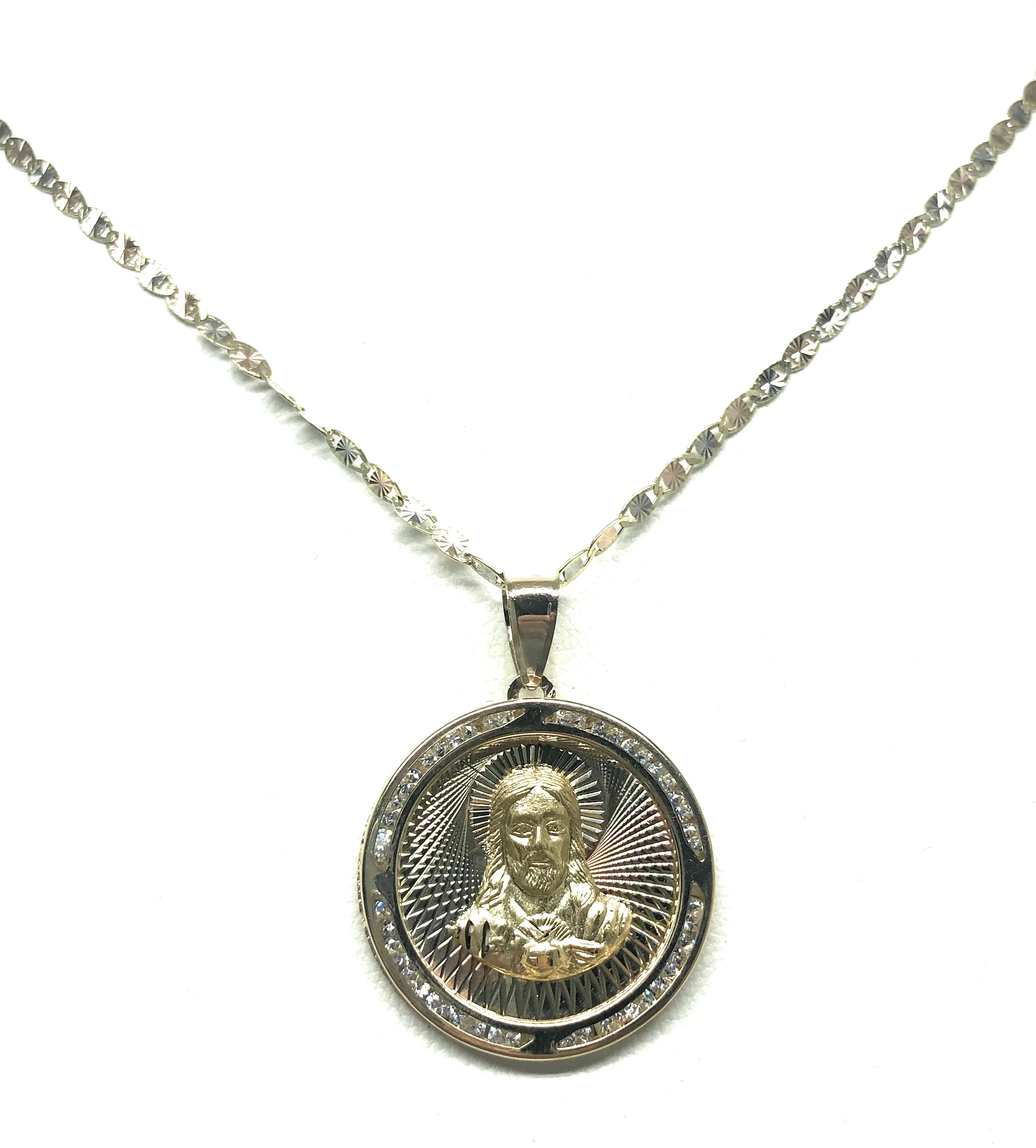 14k Solid Gold Yellow Gold Jesus Sagrado Corazon CZ Pendant Necklace Valentina Chain - Image 5