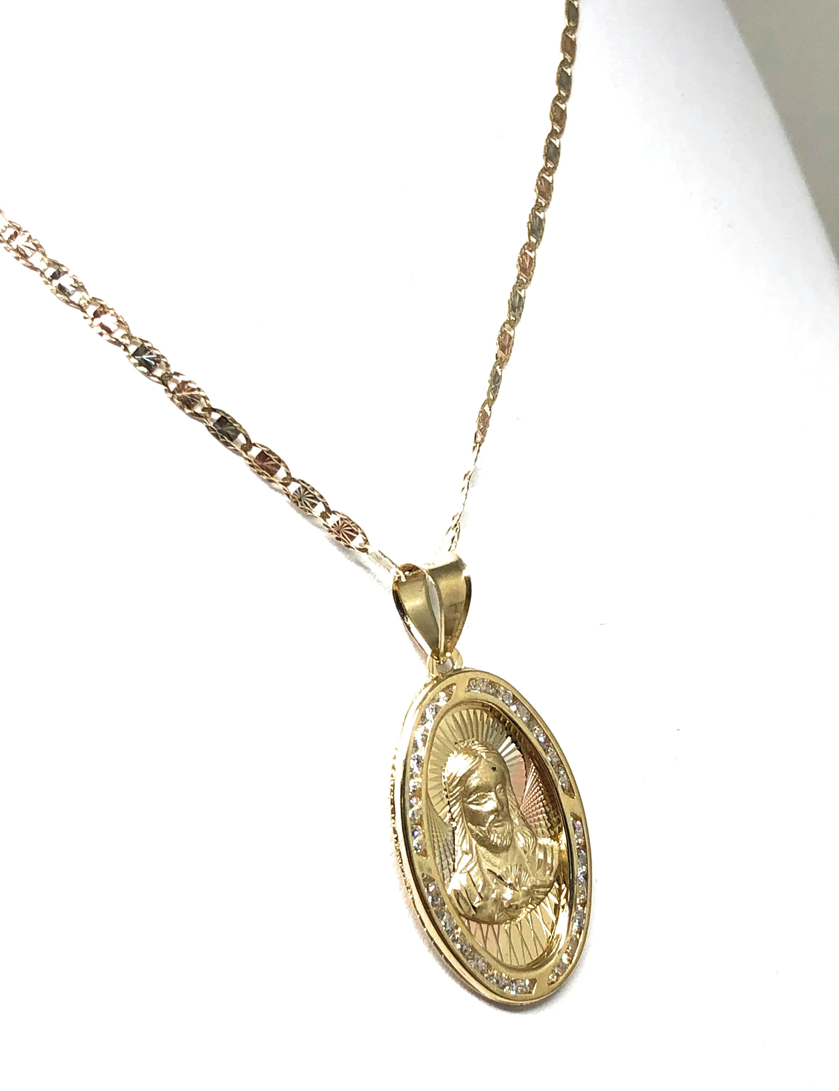 14k Solid Gold Yellow Gold Jesus Sagrado Corazon Oval CZ Pendant Necklace Valentina Chain - Image 5