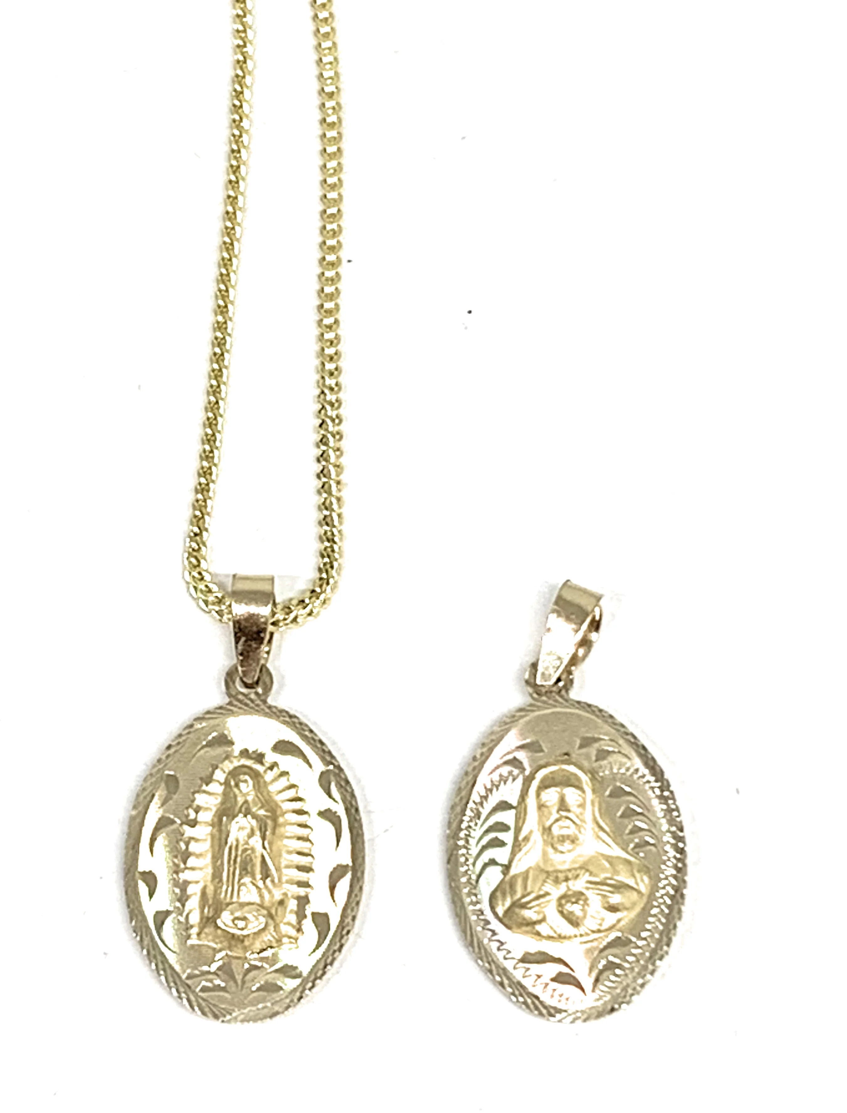 14k Solid Gold Yellow Gold Jesus Sagrado Corazon & Virrgin Mary Double Sided Pendant Necklace - Image 2
