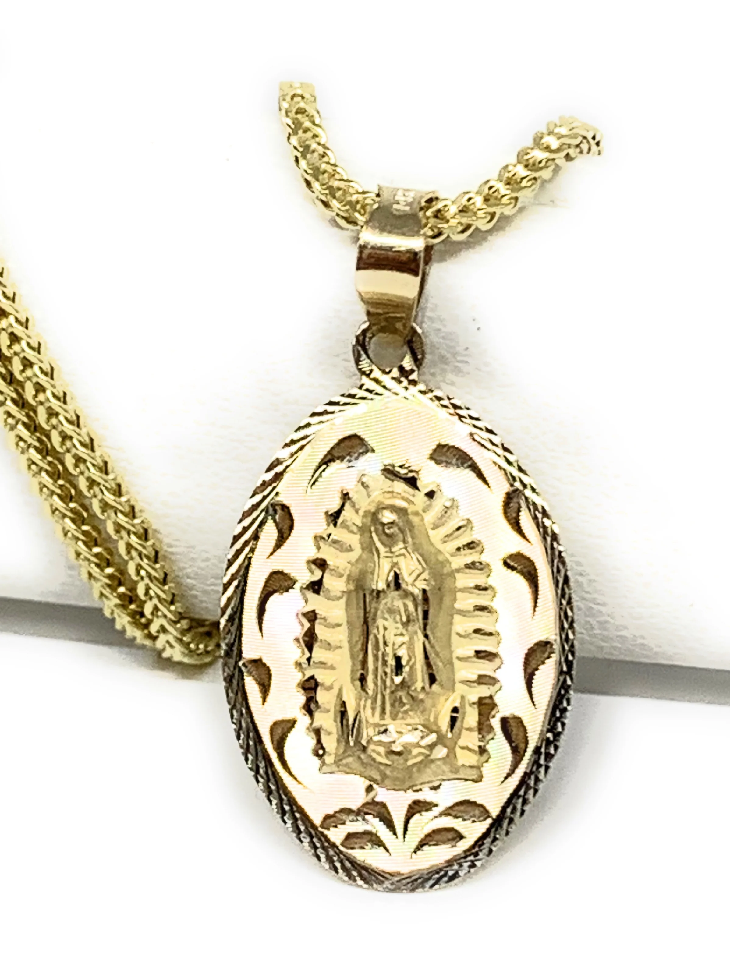 14k Solid Gold Yellow Gold Jesus Sagrado Corazon & Virrgin Mary Double Sided Pendant Necklace - Image 3