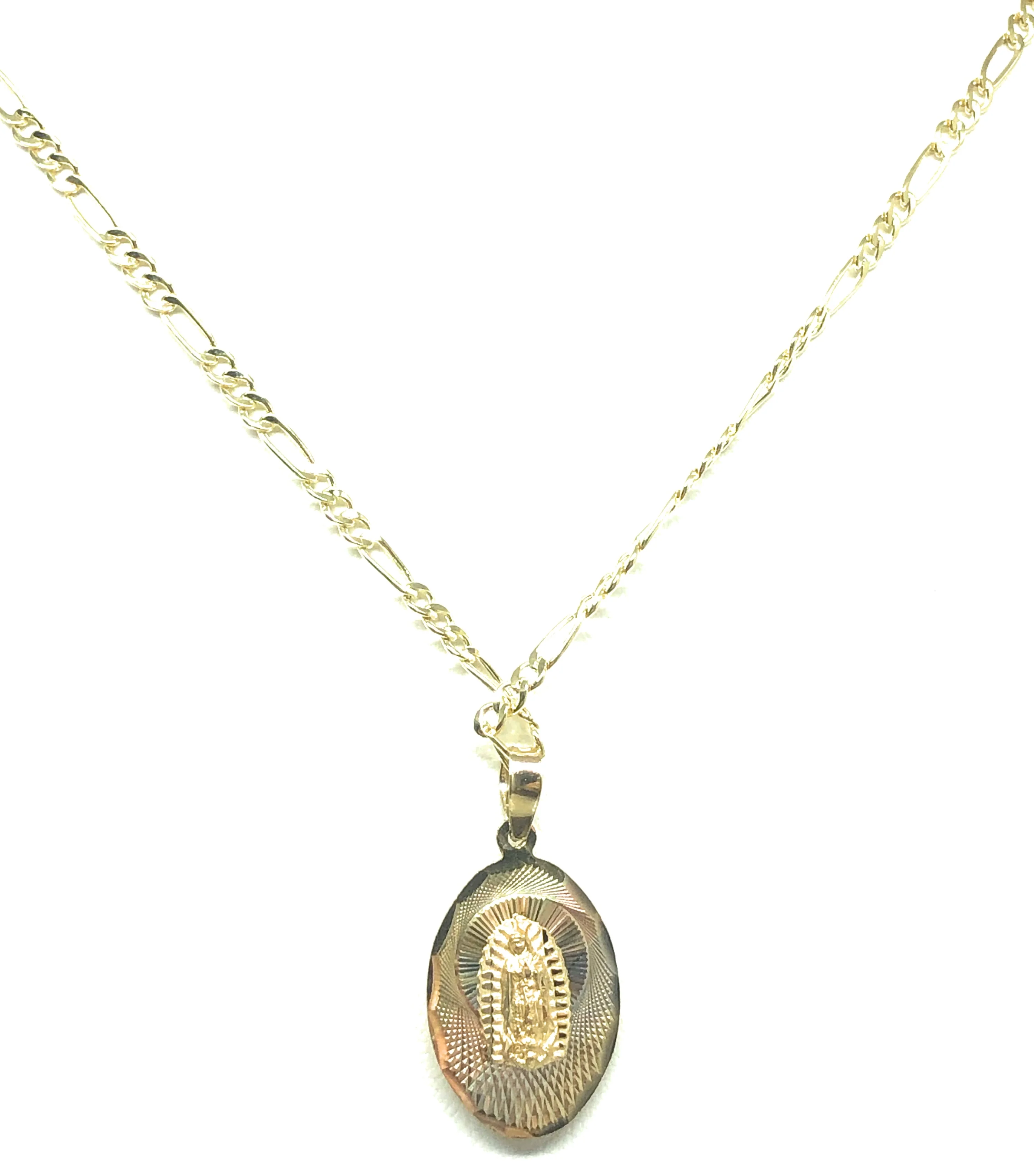 14k Solid Gold Yellow Gold Jesus Sagrado Corazon & Virrgin Mary Double Sided Pendant Necklace Figaro Chain (SM,MED,LG) - Image 10