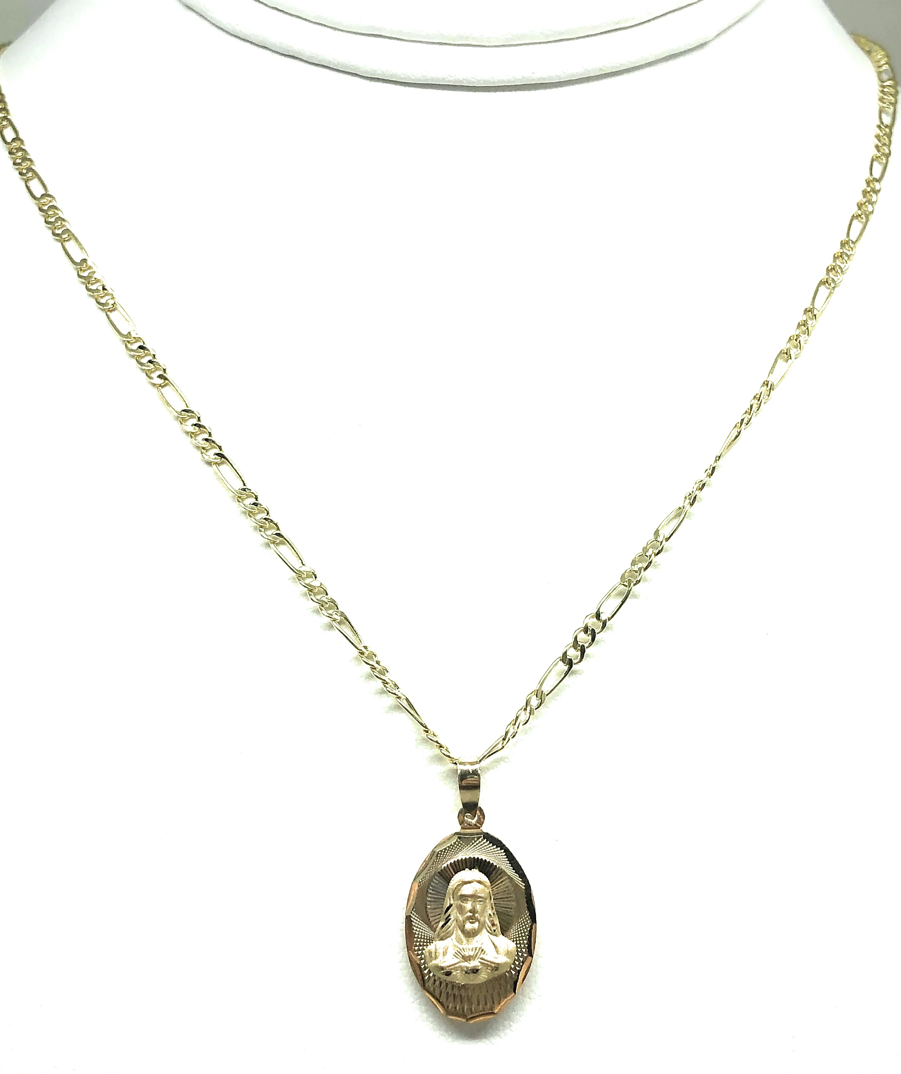 14k Solid Gold Yellow Gold Jesus Sagrado Corazon & Virrgin Mary Double Sided Pendant Necklace Figaro Chain (SM,MED,LG) - Image 7