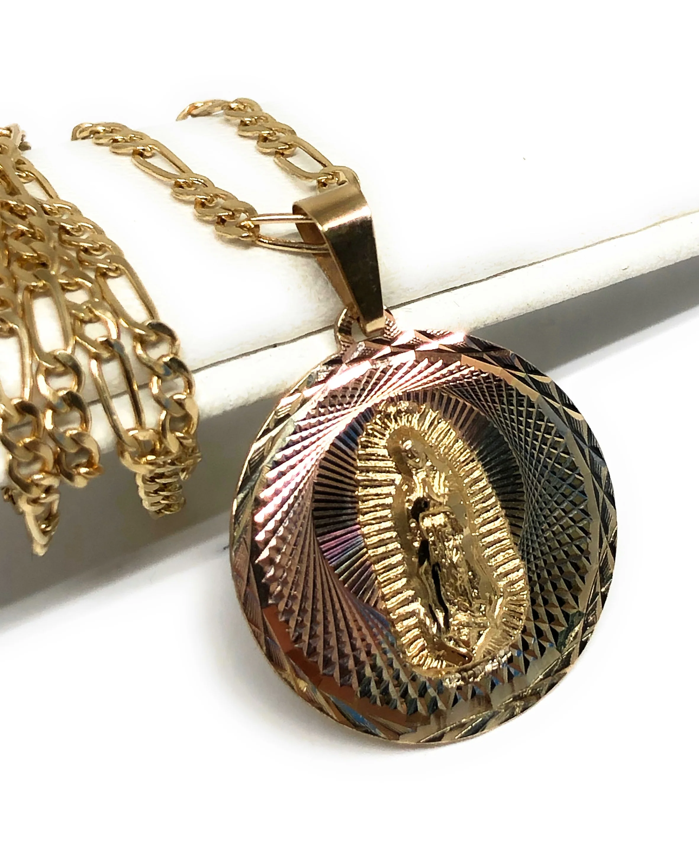 14k Solid Gold Yellow Gold Jesus Sagrado Corazon & Virrgin Mary Double Sided Pendant Necklace (MED,SM) - Image 12
