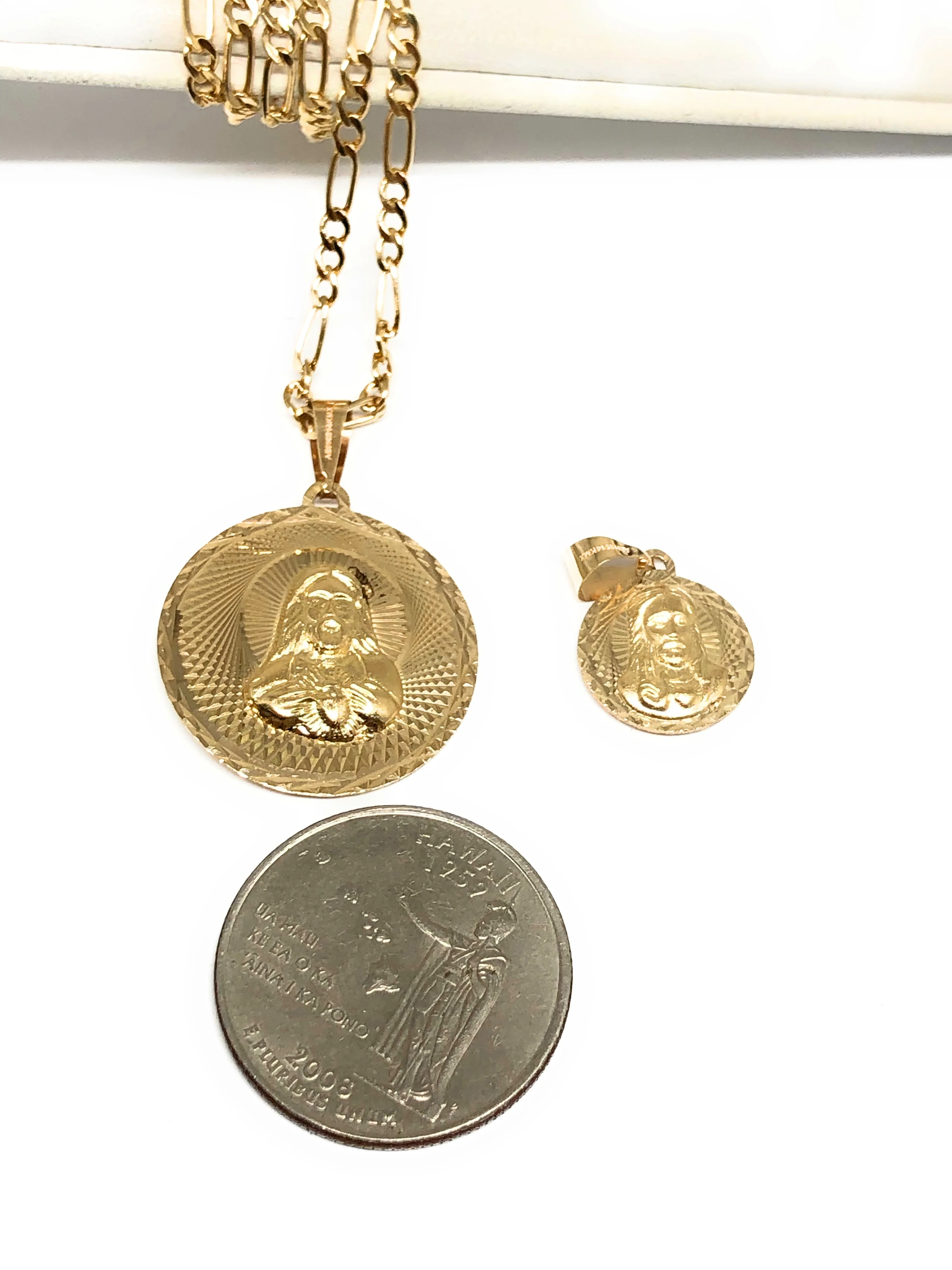 14k Solid Gold Yellow Gold Jesus Sagrado Corazon & Virrgin Mary Double Sided Pendant Necklace (MED,SM) - Image 2