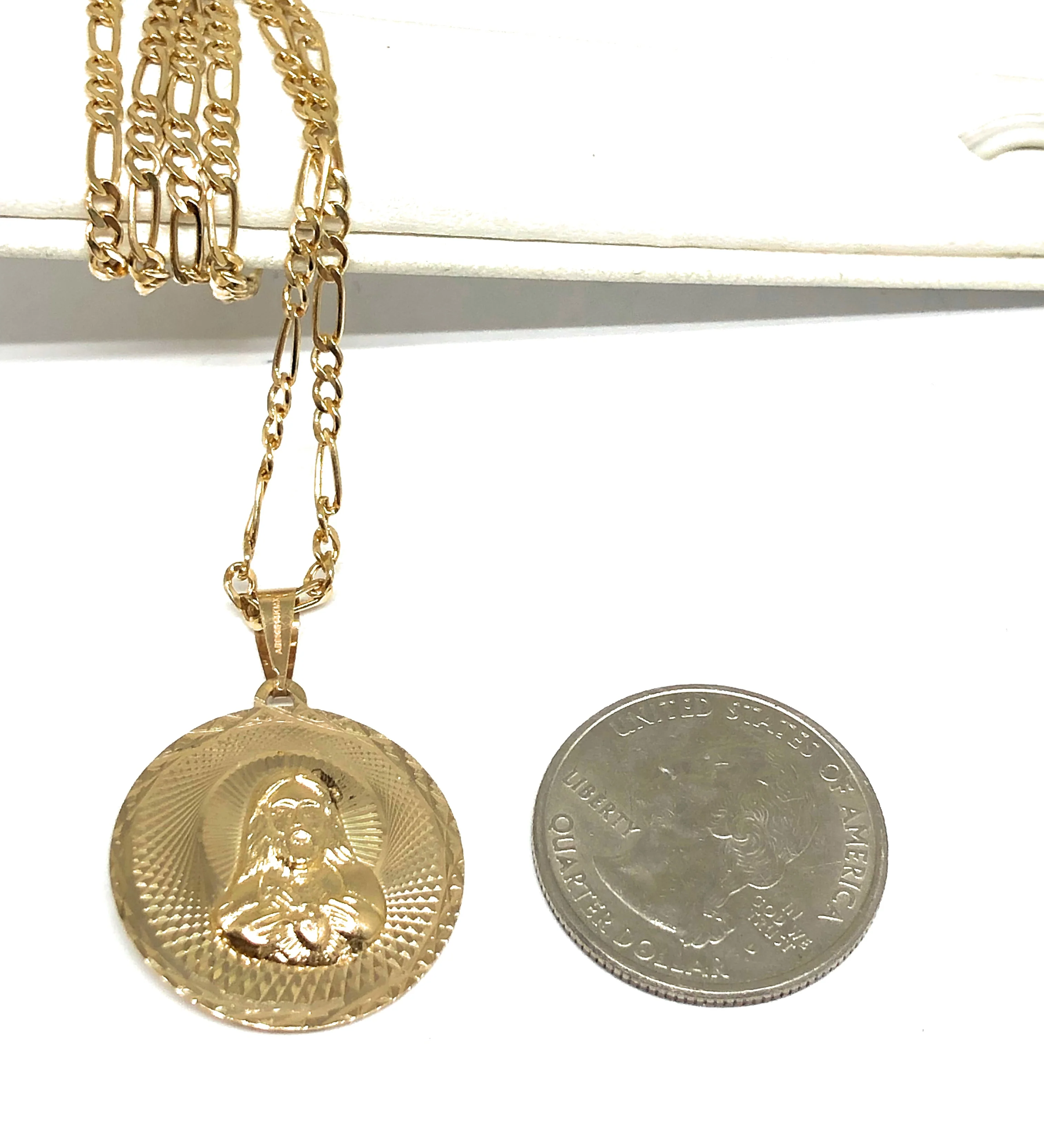 14k Solid Gold Yellow Gold Jesus Sagrado Corazon & Virrgin Mary Double Sided Pendant Necklace (MED,SM) - Image 4