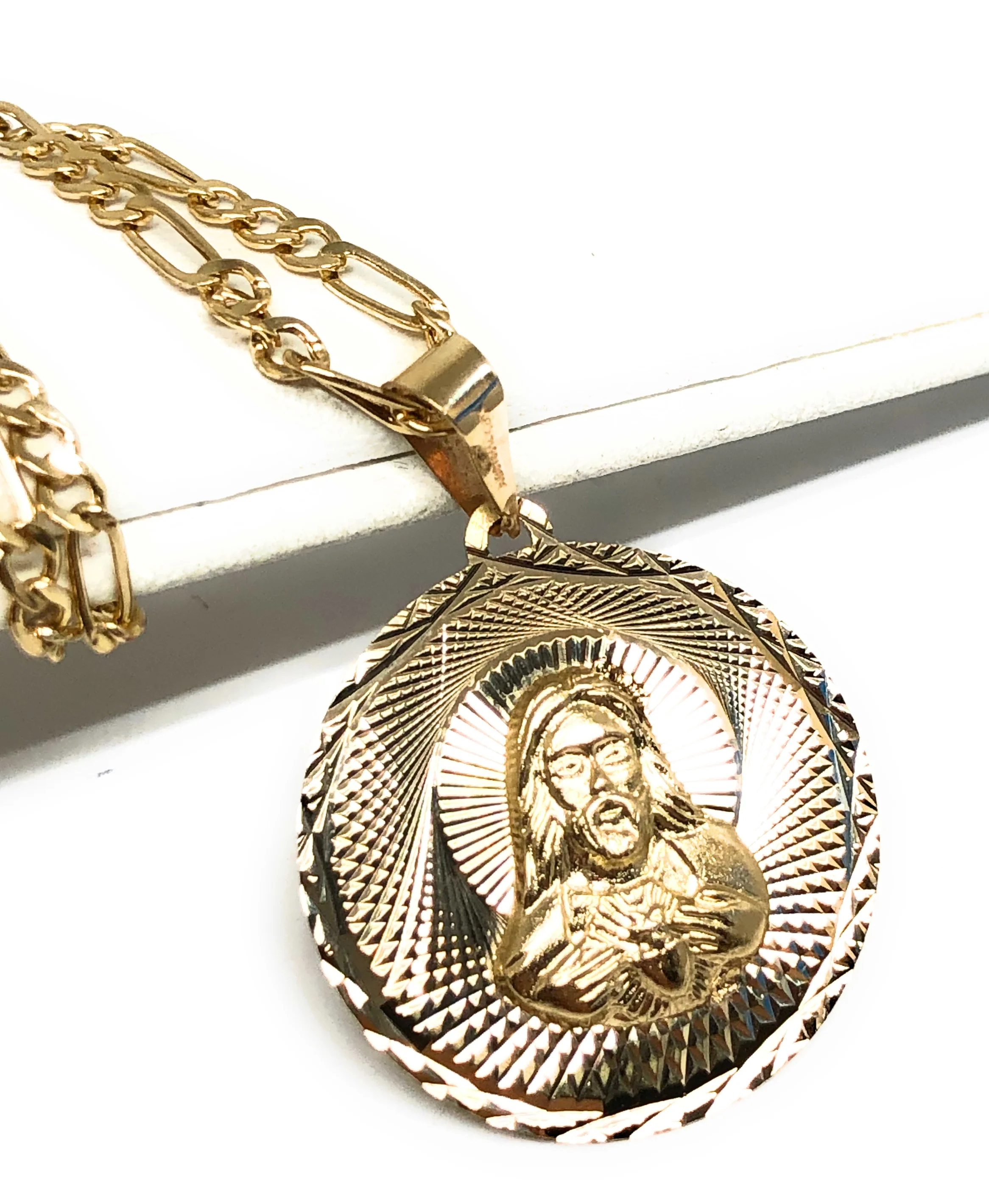14k Solid Gold Yellow Gold Jesus Sagrado Corazon & Virrgin Mary Double Sided Pendant Necklace (MED,SM) - Image 5
