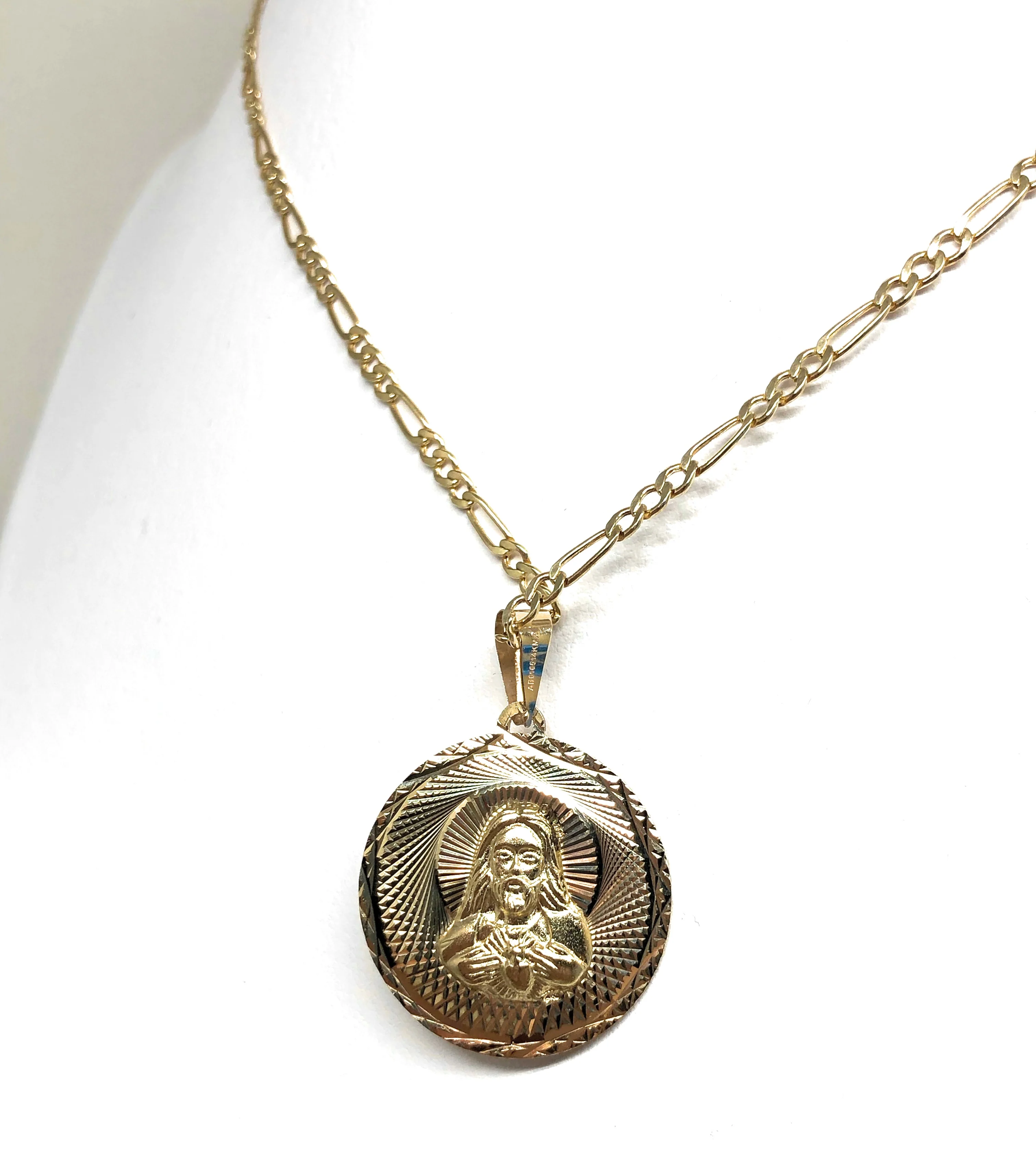 14k Solid Gold Yellow Gold Jesus Sagrado Corazon & Virrgin Mary Double Sided Pendant Necklace (MED,SM) - Image 7
