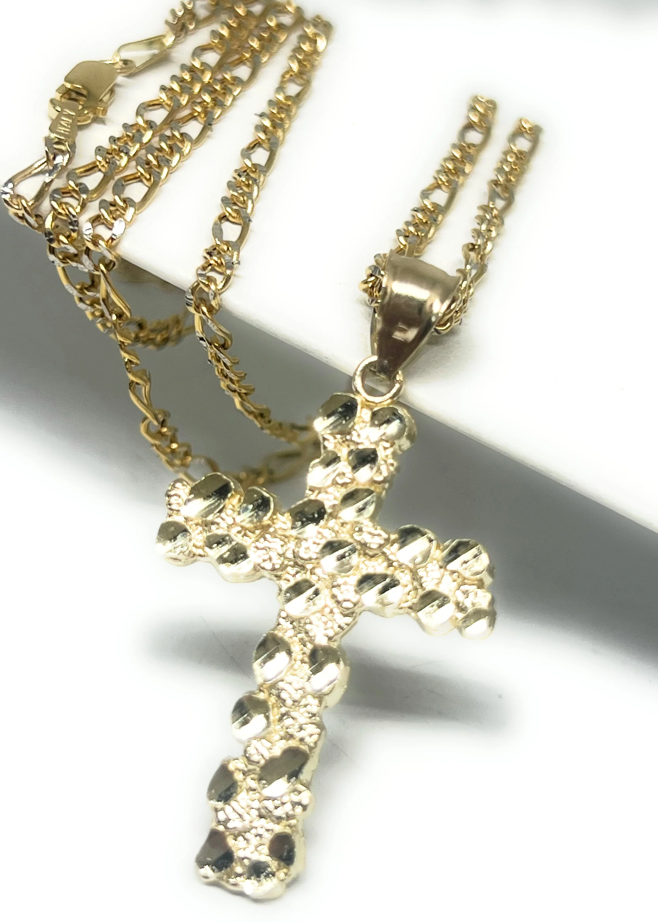 14k Solid Gold Yellow Nugget CROSS Pendant Necklace Figaro Chain (LG, MED, SM) - Image 3