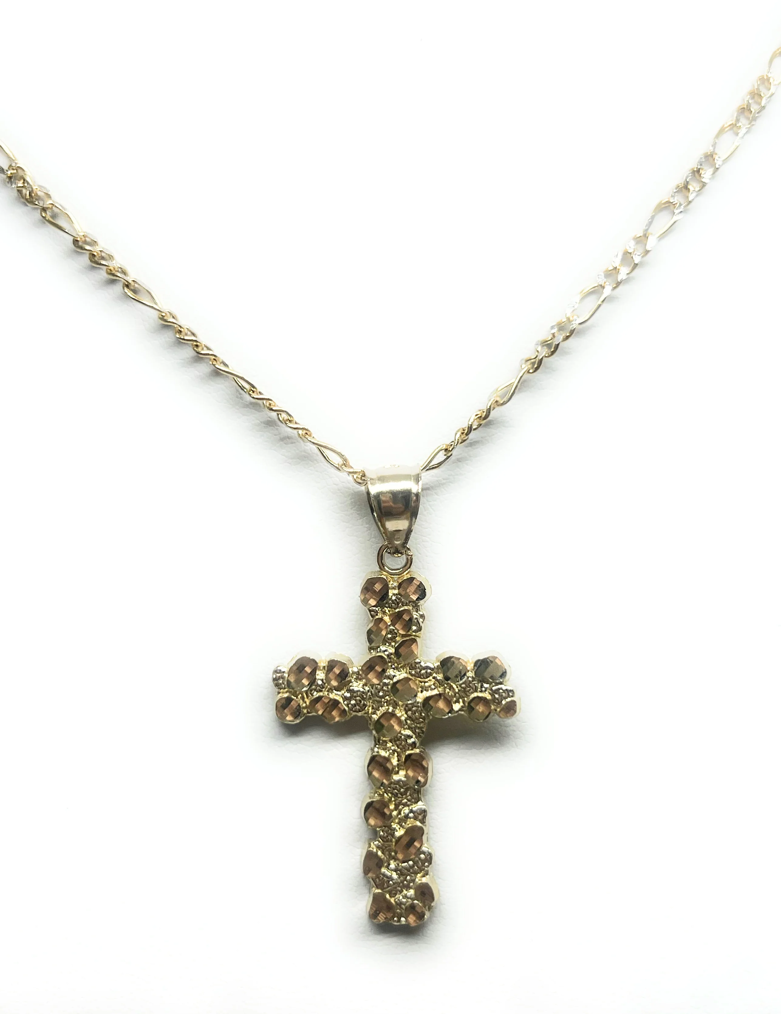 14k Solid Gold Yellow Nugget CROSS Pendant Necklace Figaro Chain (LG, MED, SM) - Image 5