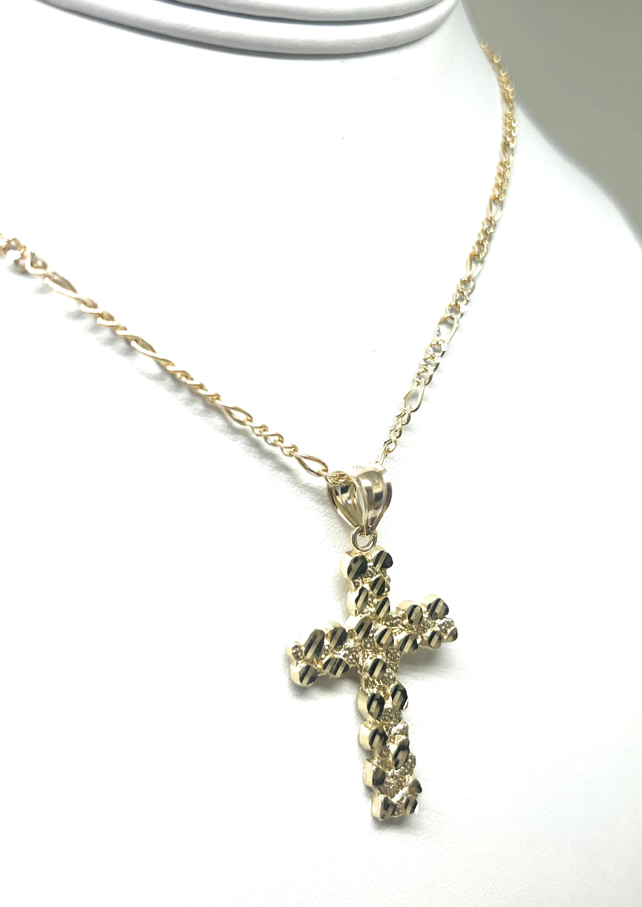 14k Solid Gold Yellow Nugget CROSS Pendant Necklace Figaro Chain (LG, MED, SM) - Image 7