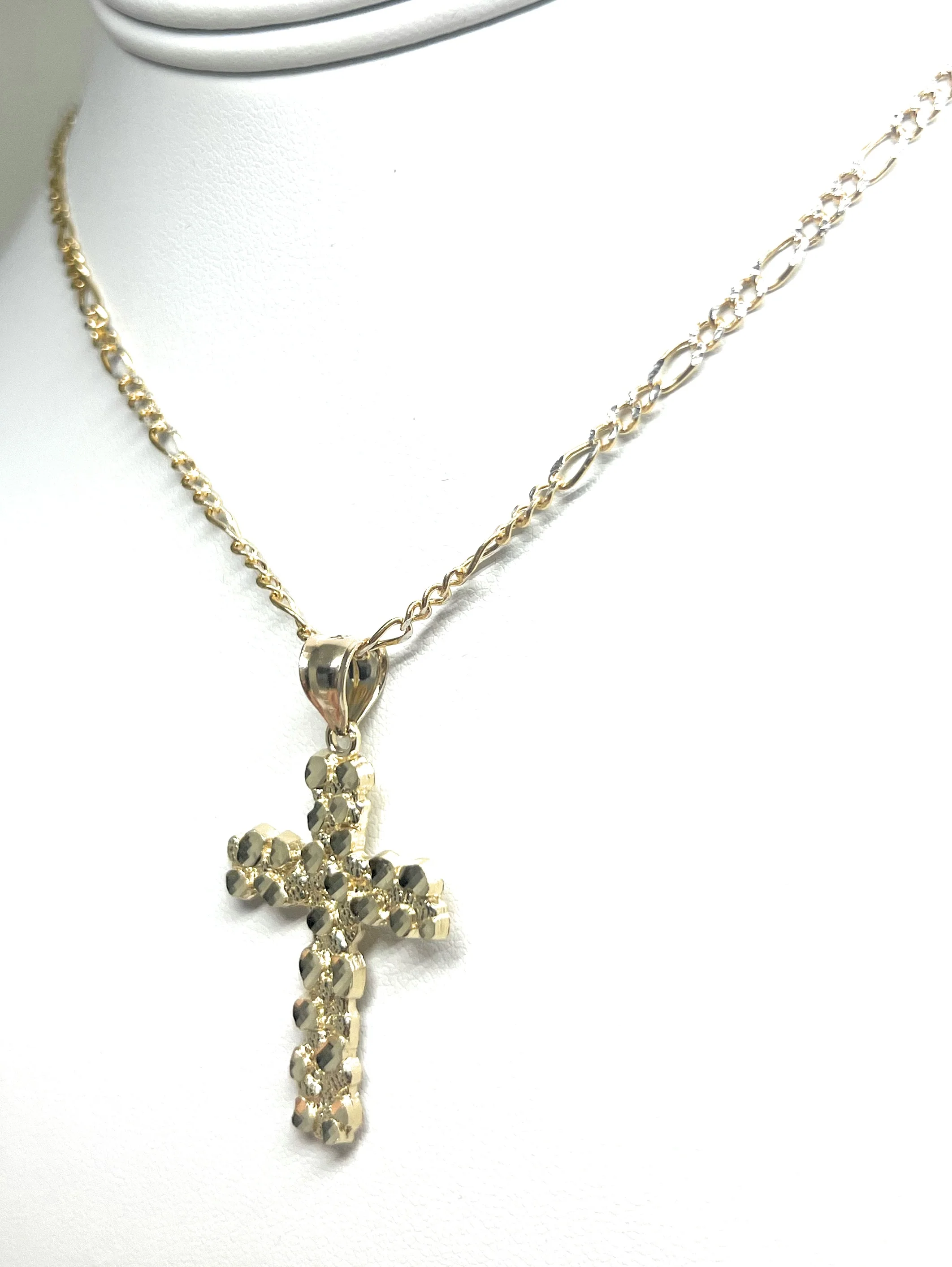 14k Solid Gold Yellow Nugget CROSS Pendant Necklace Figaro Chain (LG, MED, SM) - Image 8