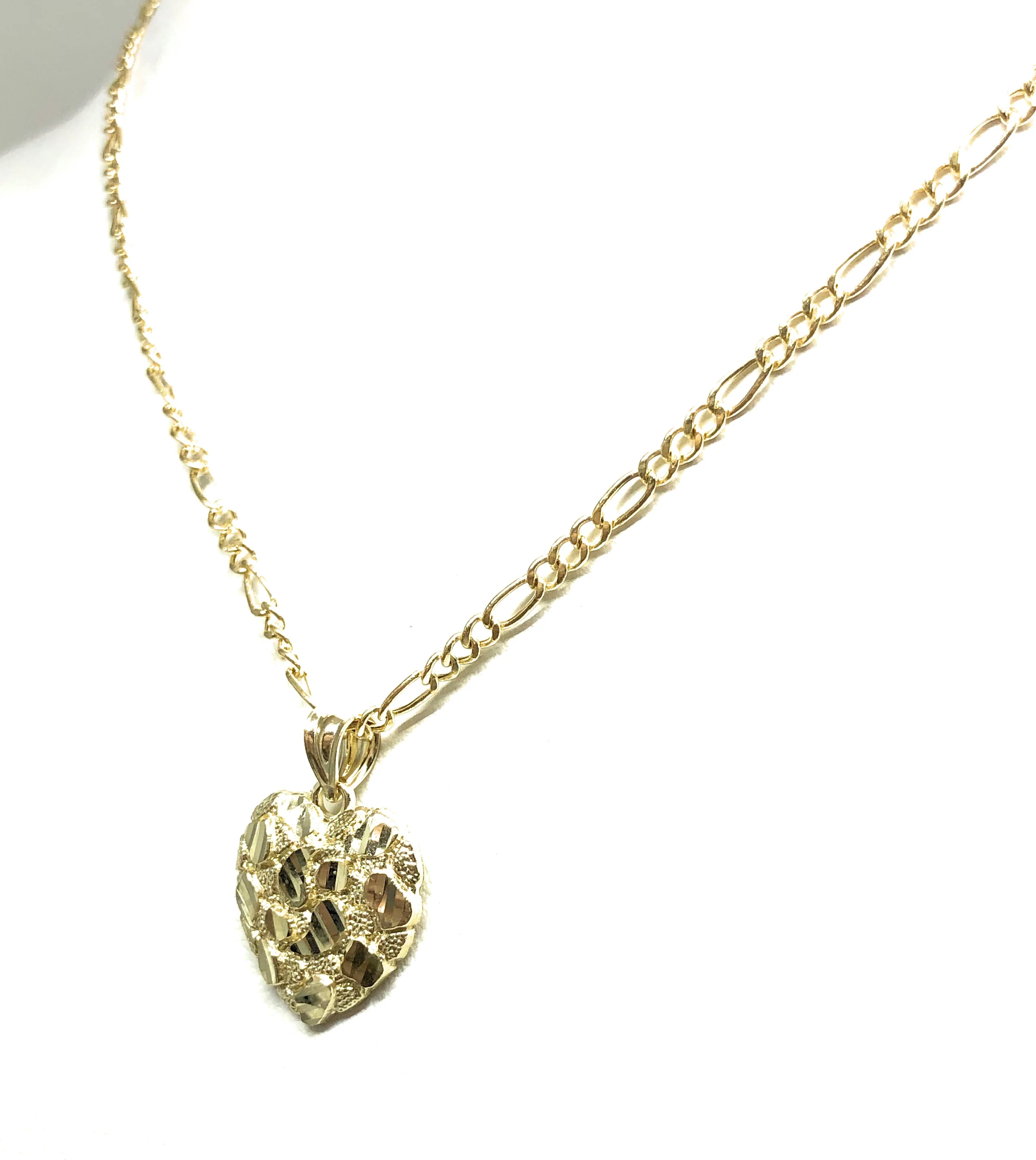 14k Solid Gold Yellow Nugget Heart Pendant Necklace Figaro Chain (SM, MED, LG) - Image 7