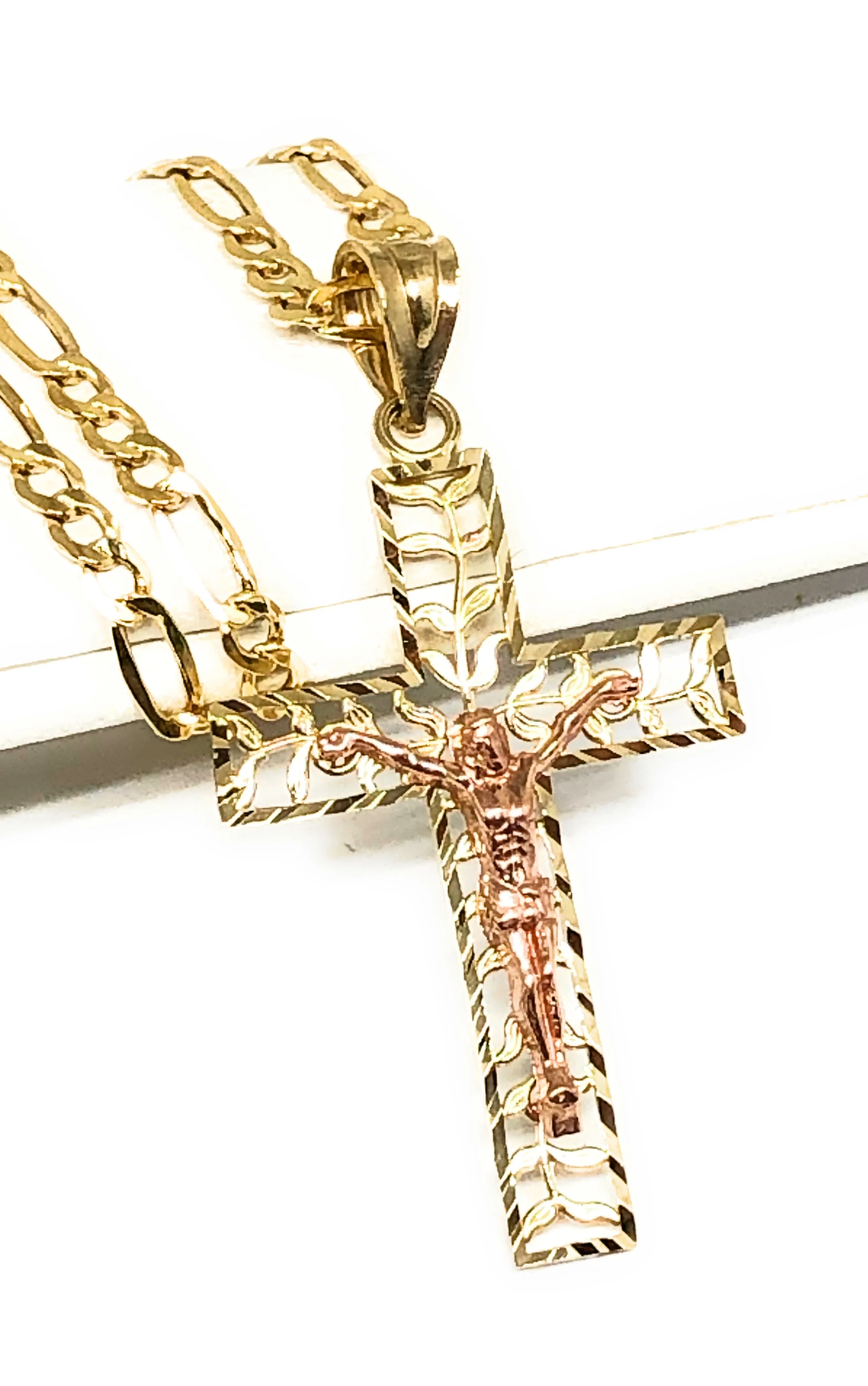 14k Solid Gold Yellow & Rose 2-Tone Filigran Leaf Jesus Cross Crucifix Pendant Necklace - Image 3