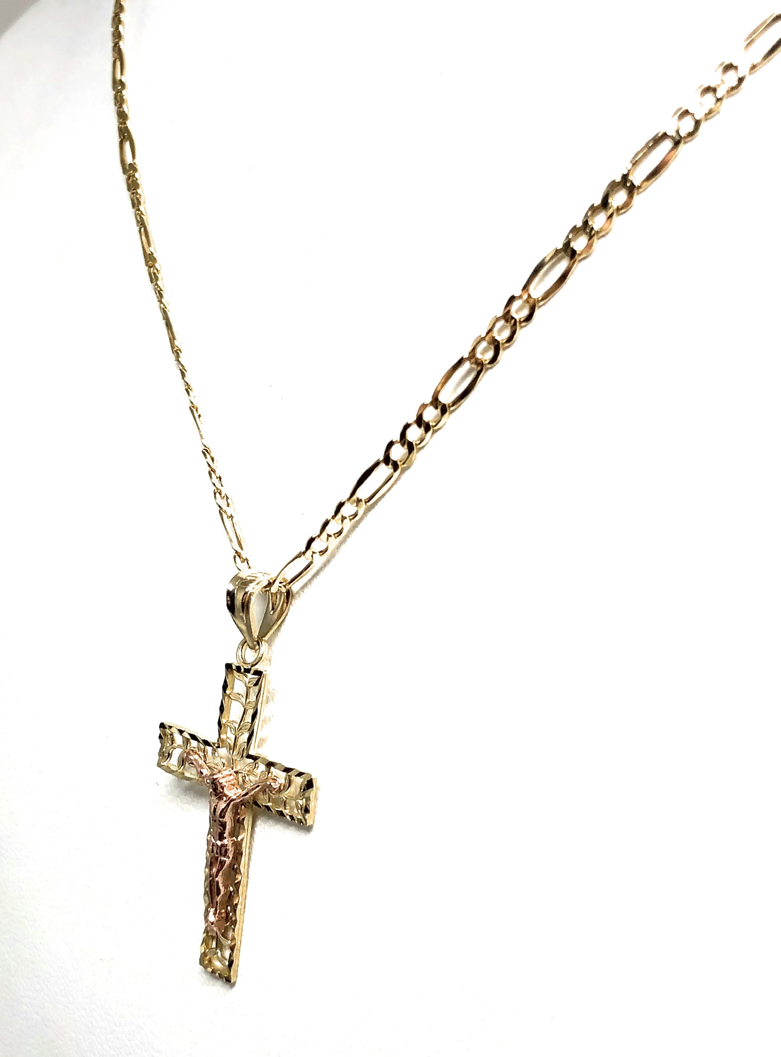 14k Solid Gold Yellow & Rose 2-Tone Filigran Leaf Jesus Cross Crucifix Pendant Necklace - Image 7