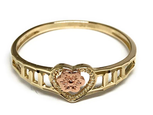 14k Solid Gold Yellow & Rose Gold DAINTY Heart Flower Ring (FC 174)