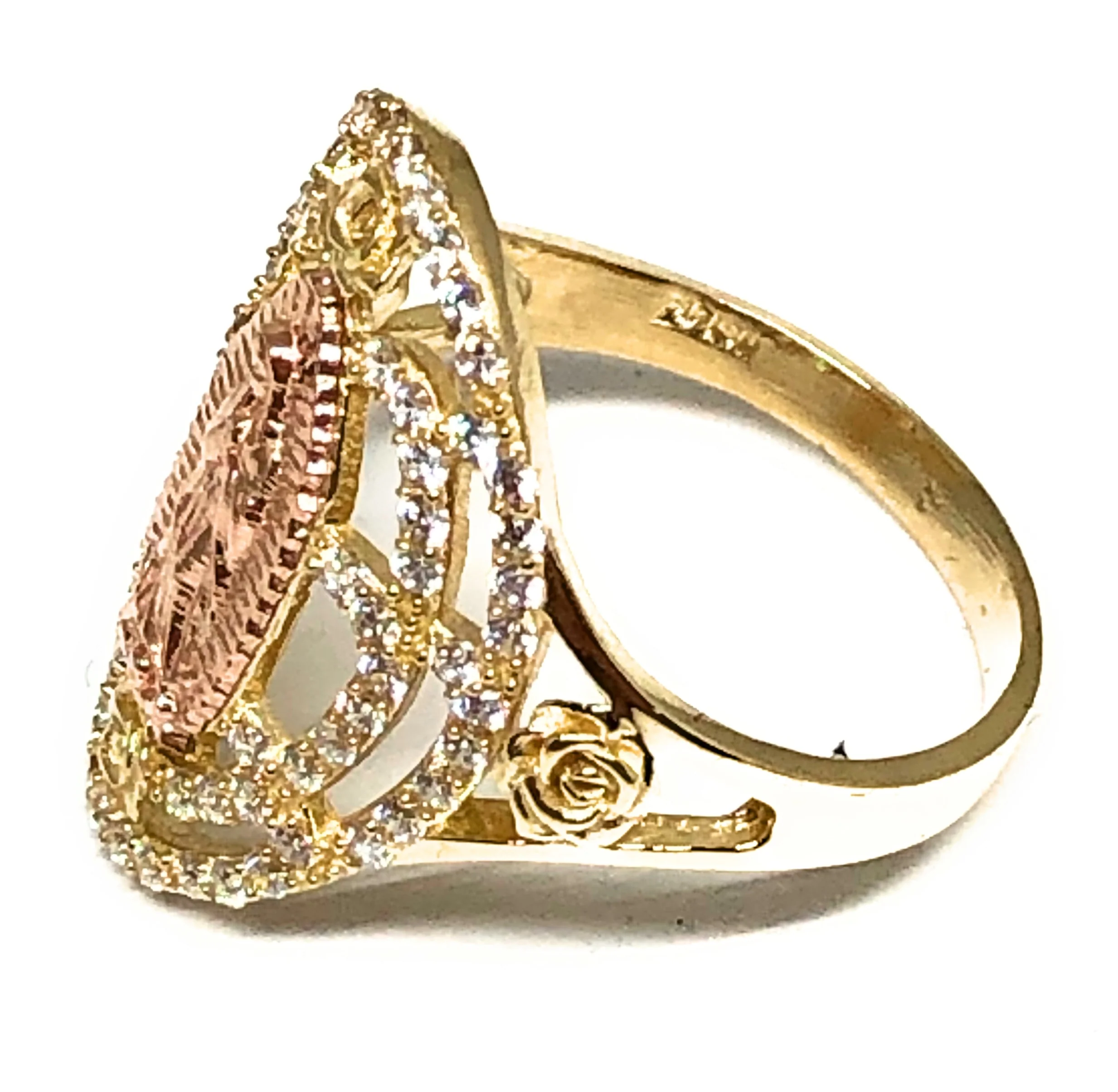 14k Solid Gold Yellow & Rose Gold Virrgin Mary CZ Flower Ring - Image 2