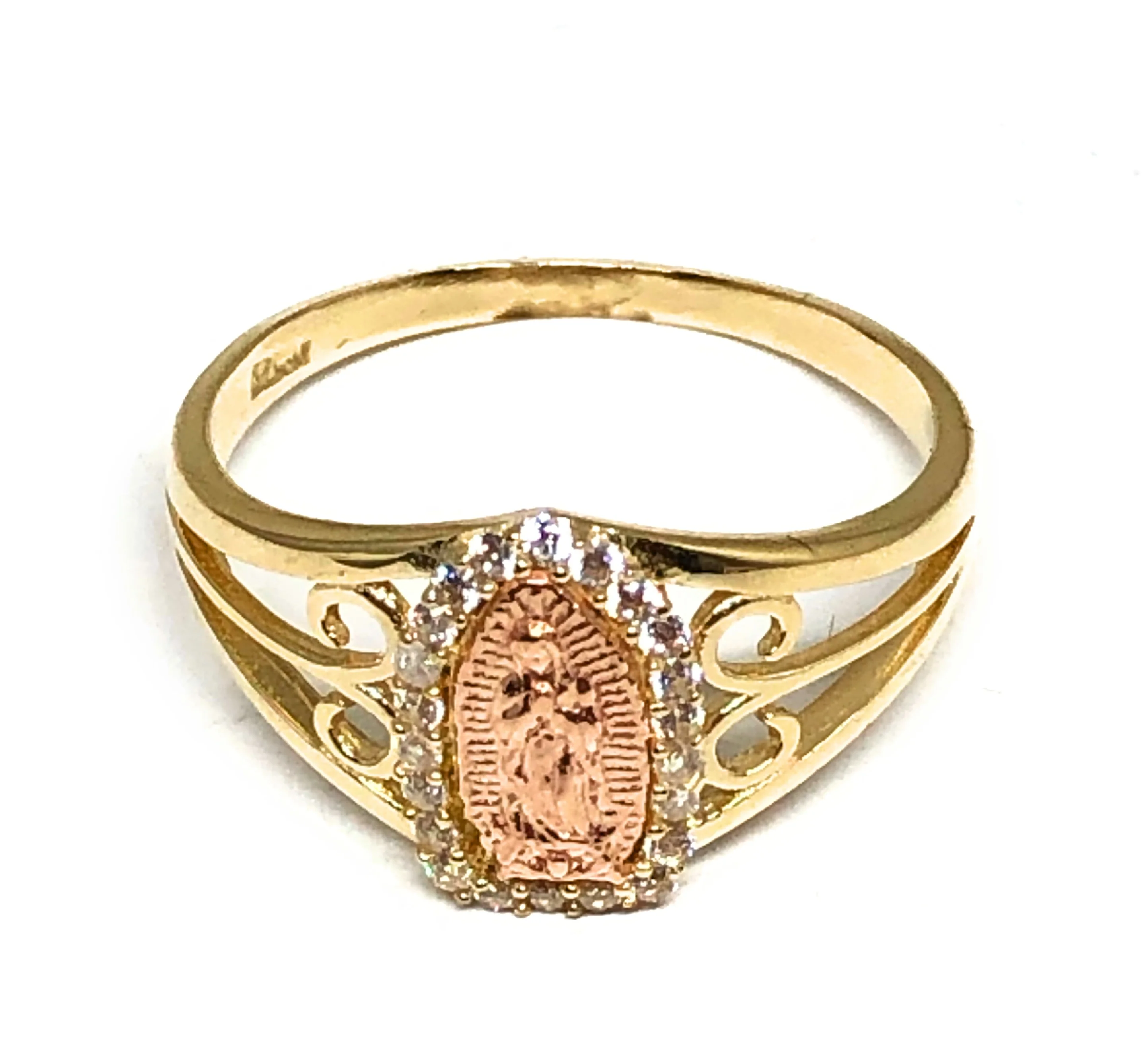 14k Solid Gold Yellow & Rose Gold Virrgin Mary CZ Ring
