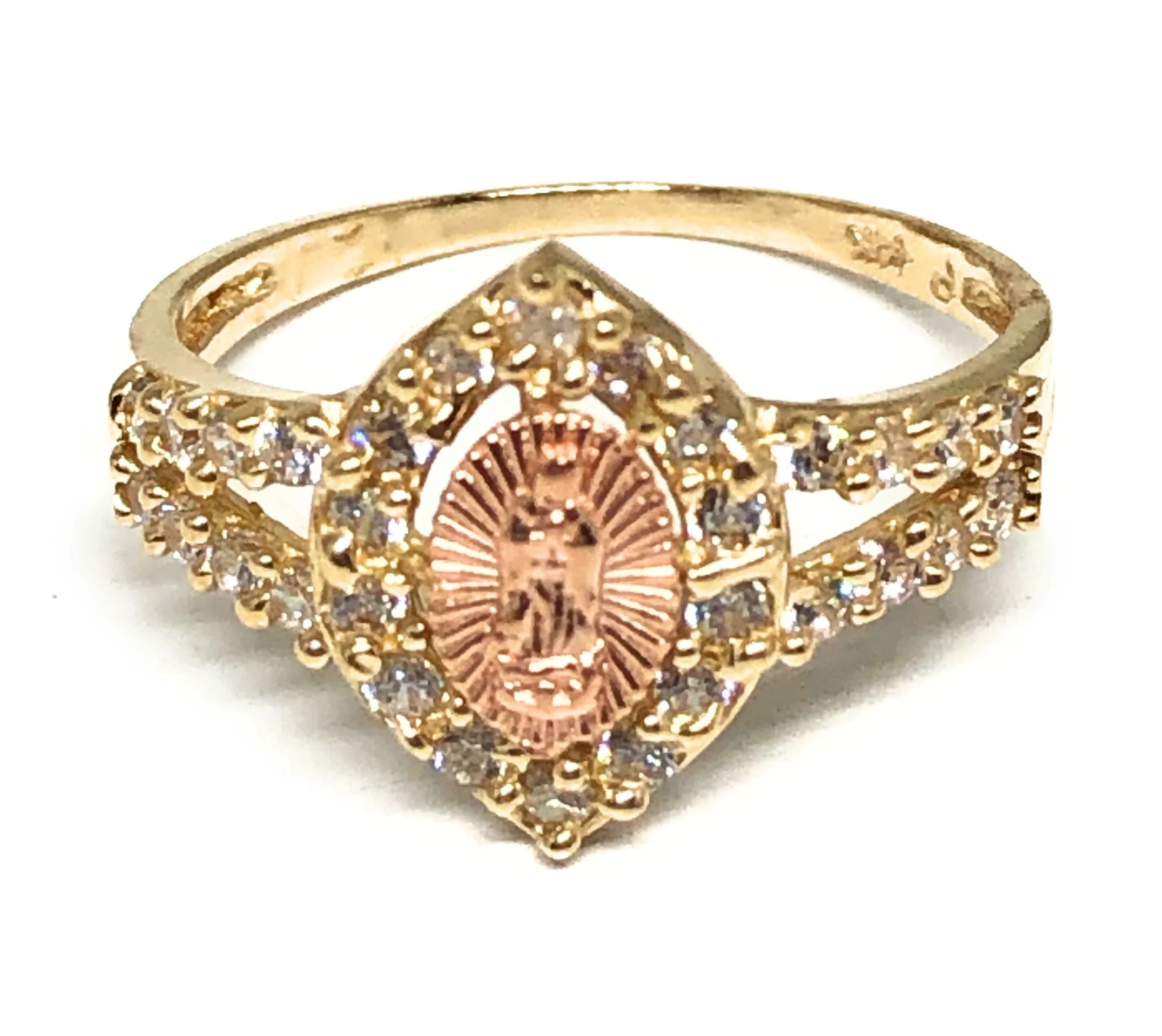 14k Solid Gold Yellow & Rose Gold Virrgin Mary CZ Ring