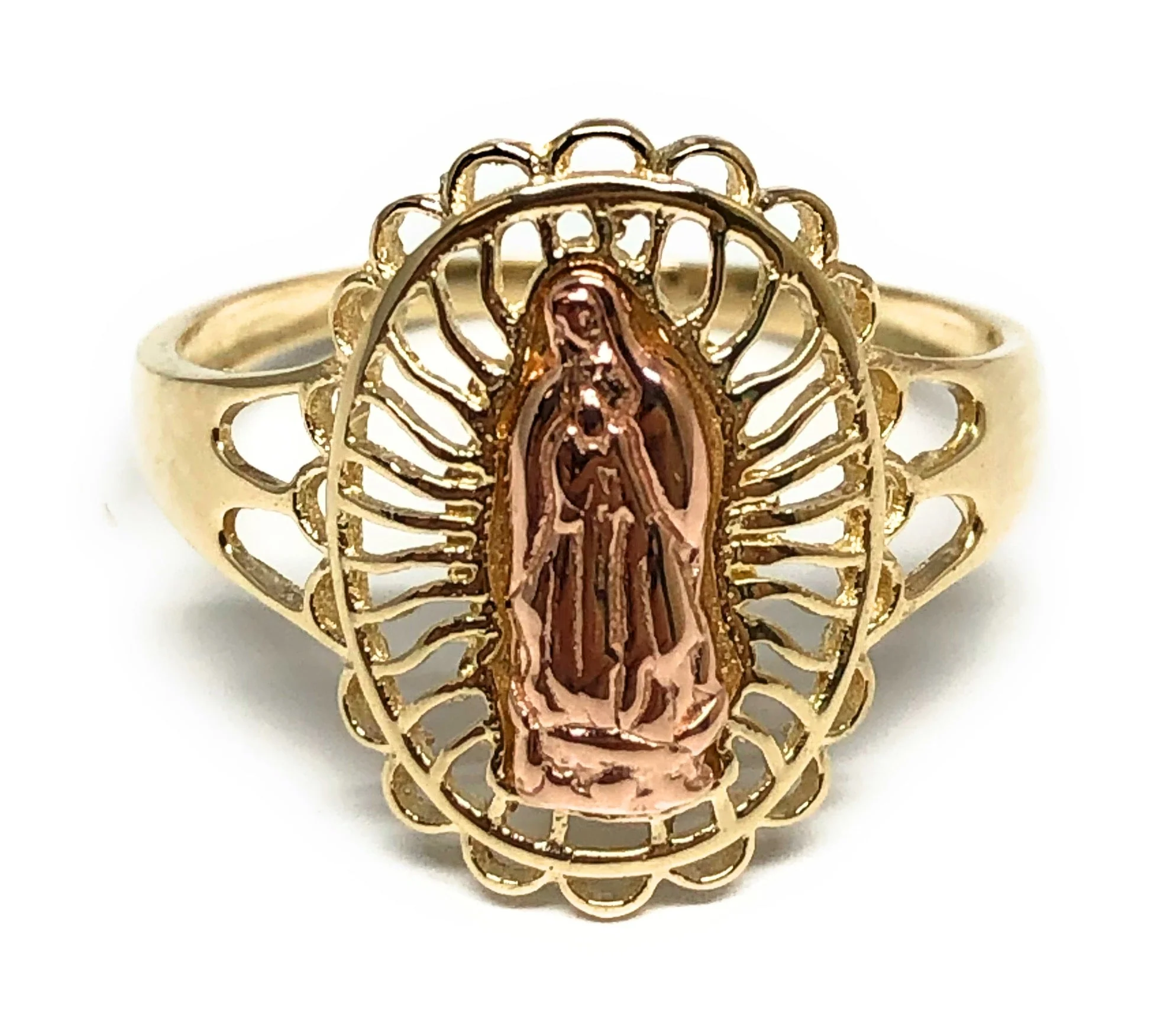 14k Solid Gold Yellow & Rose Gold Virrgin Mary Ring (FC 210)