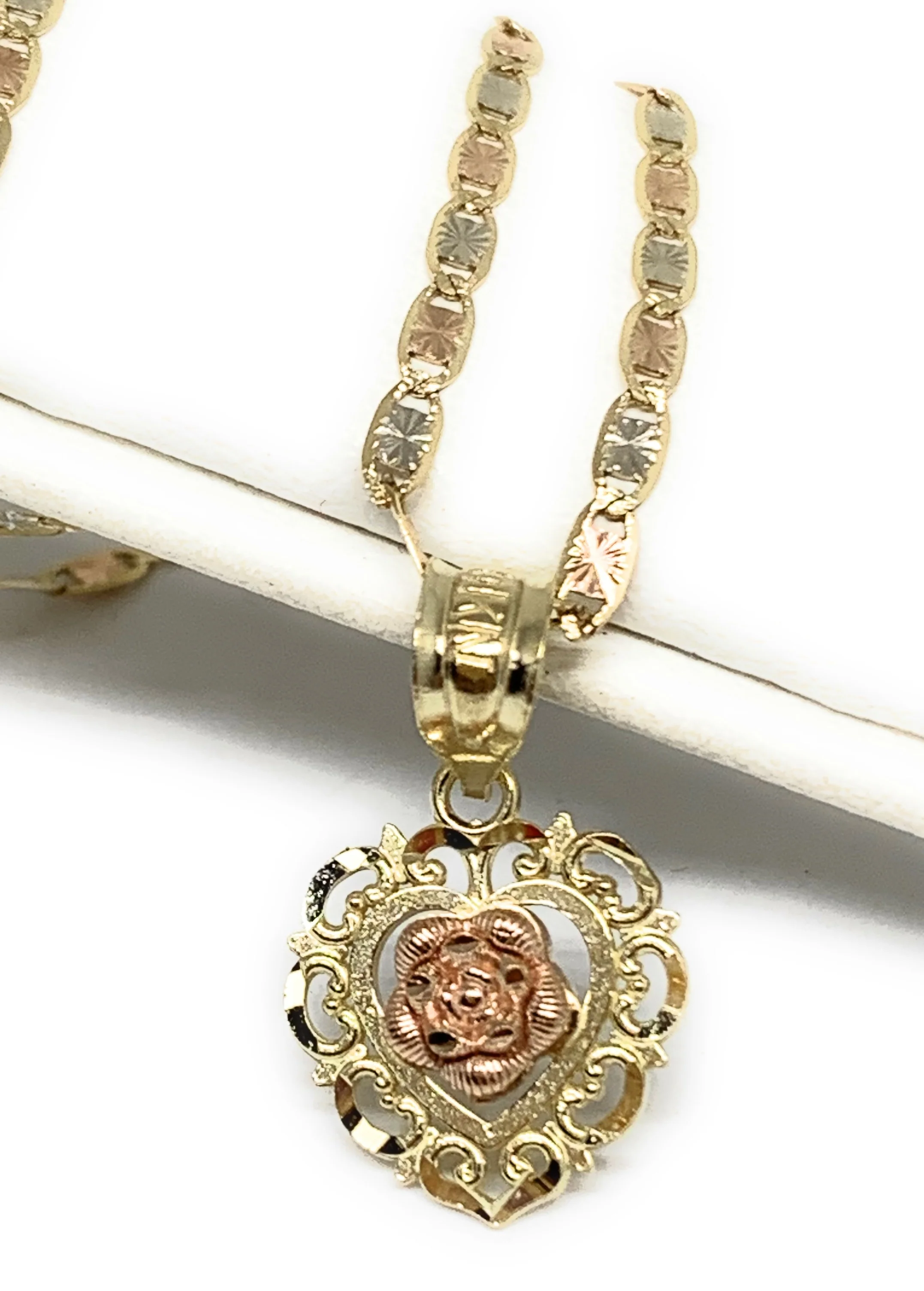 14k Solid Gold Yellow & Rose Heart Filigran Pendant Necklace Valentina Chain