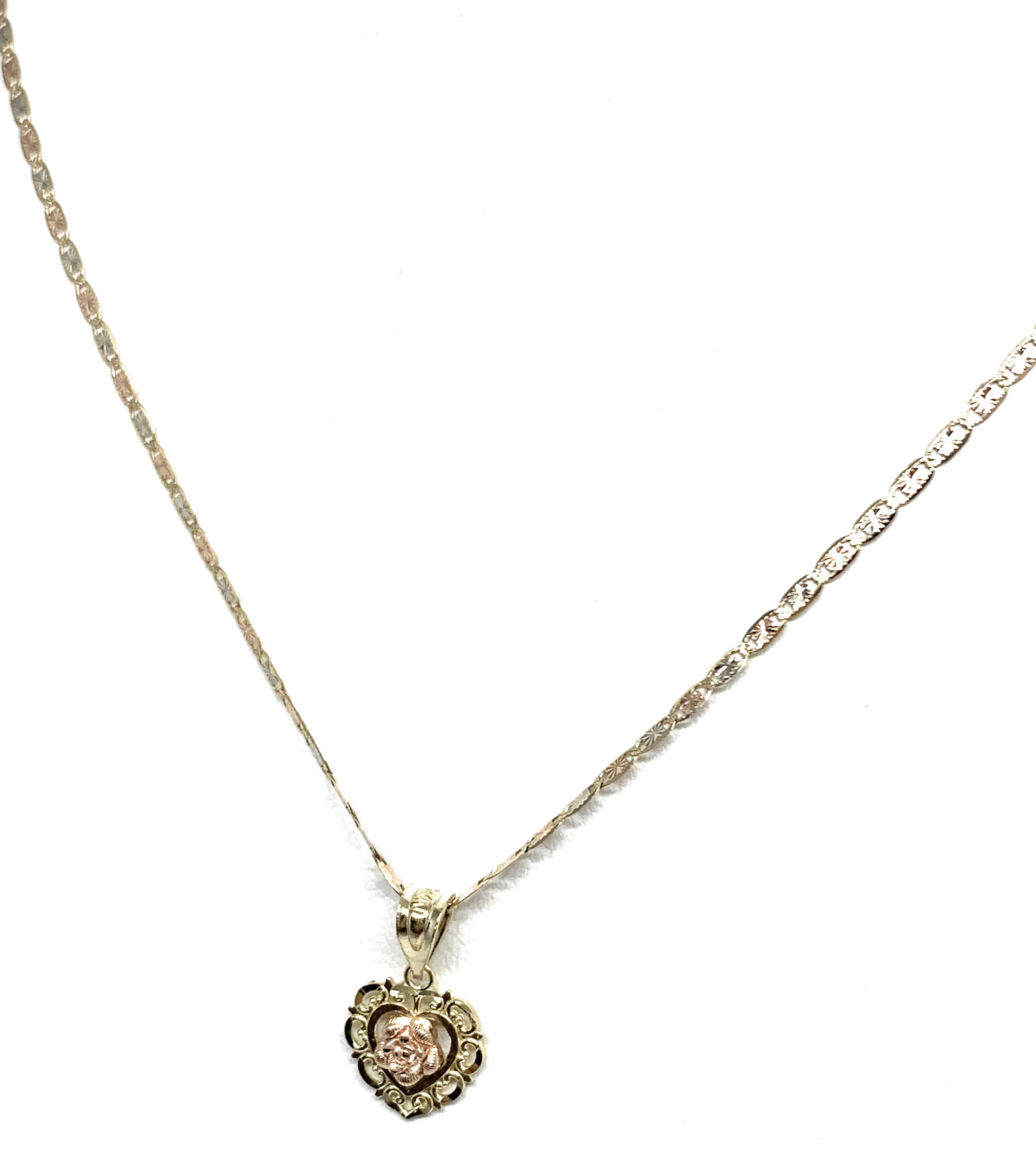 14k Solid Gold Yellow & Rose Heart Filigran Pendant Necklace Valentina Chain - Image 5