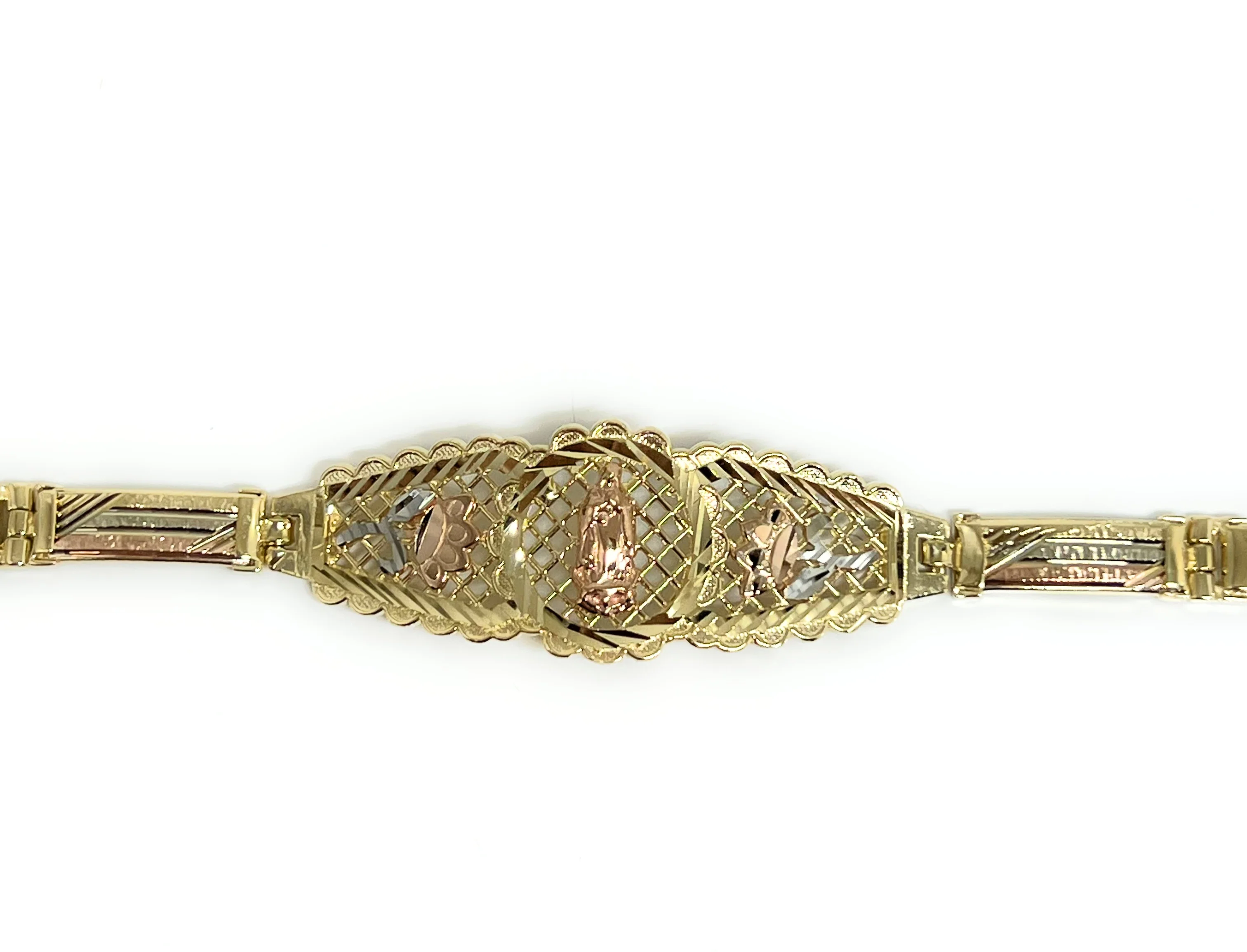 14k Solid Gold Yellow & Rose Virrgin Mary Flower Brracelet 7 inch Virrgen Guadalupe (12g) - Image 2