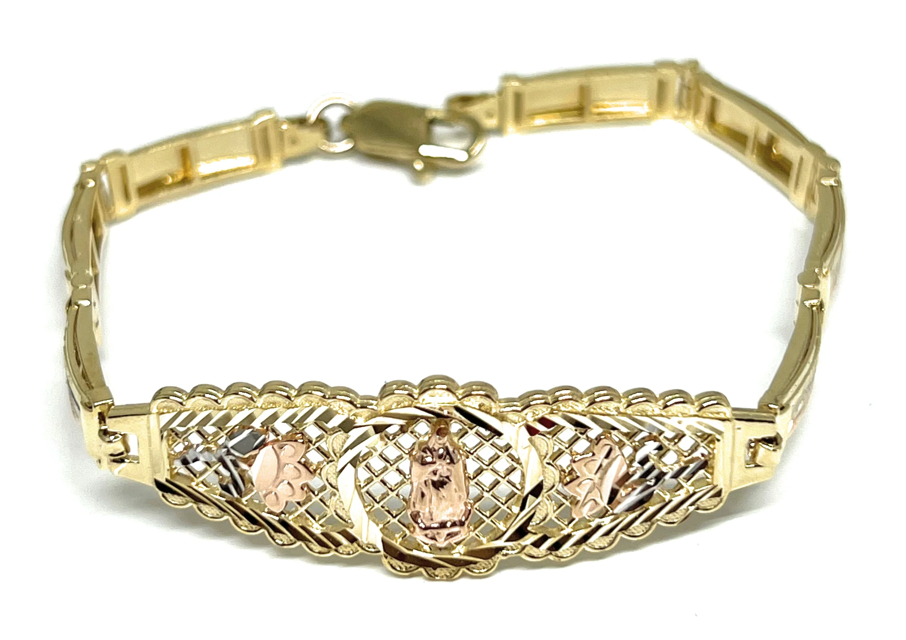 14k Solid Gold Yellow & Rose Virrgin Mary Flower Brracelet 7 inch Virrgen Guadalupe (12g) - Image 5
