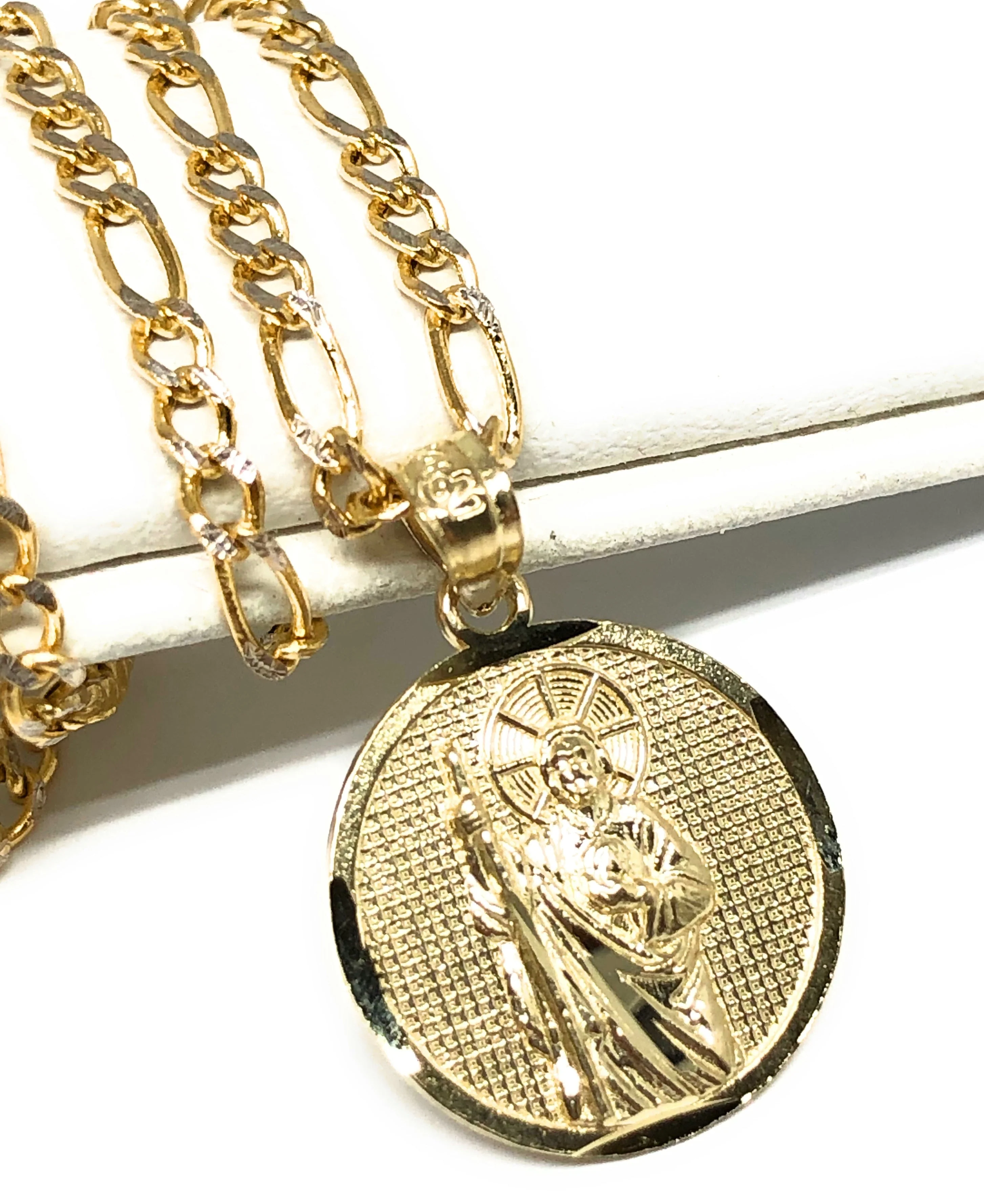 14k Solid Gold Yellow Saan Judas Saaint Jude Round Pendant Figaro Chain (SMALL) - Image 3