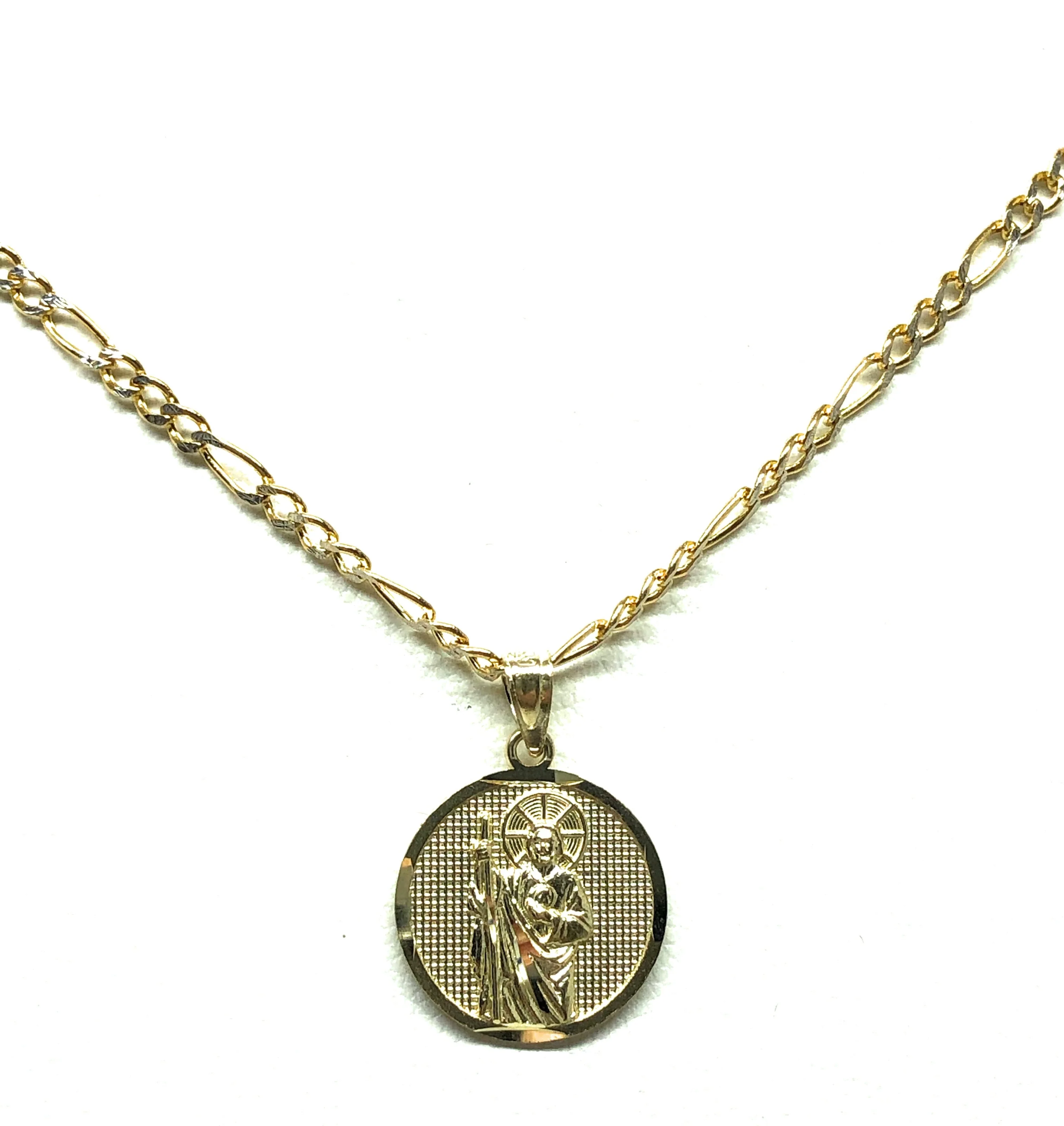 14k Solid Gold Yellow Saan Judas Saaint Jude Round Pendant Figaro Chain (SMALL) - Image 4