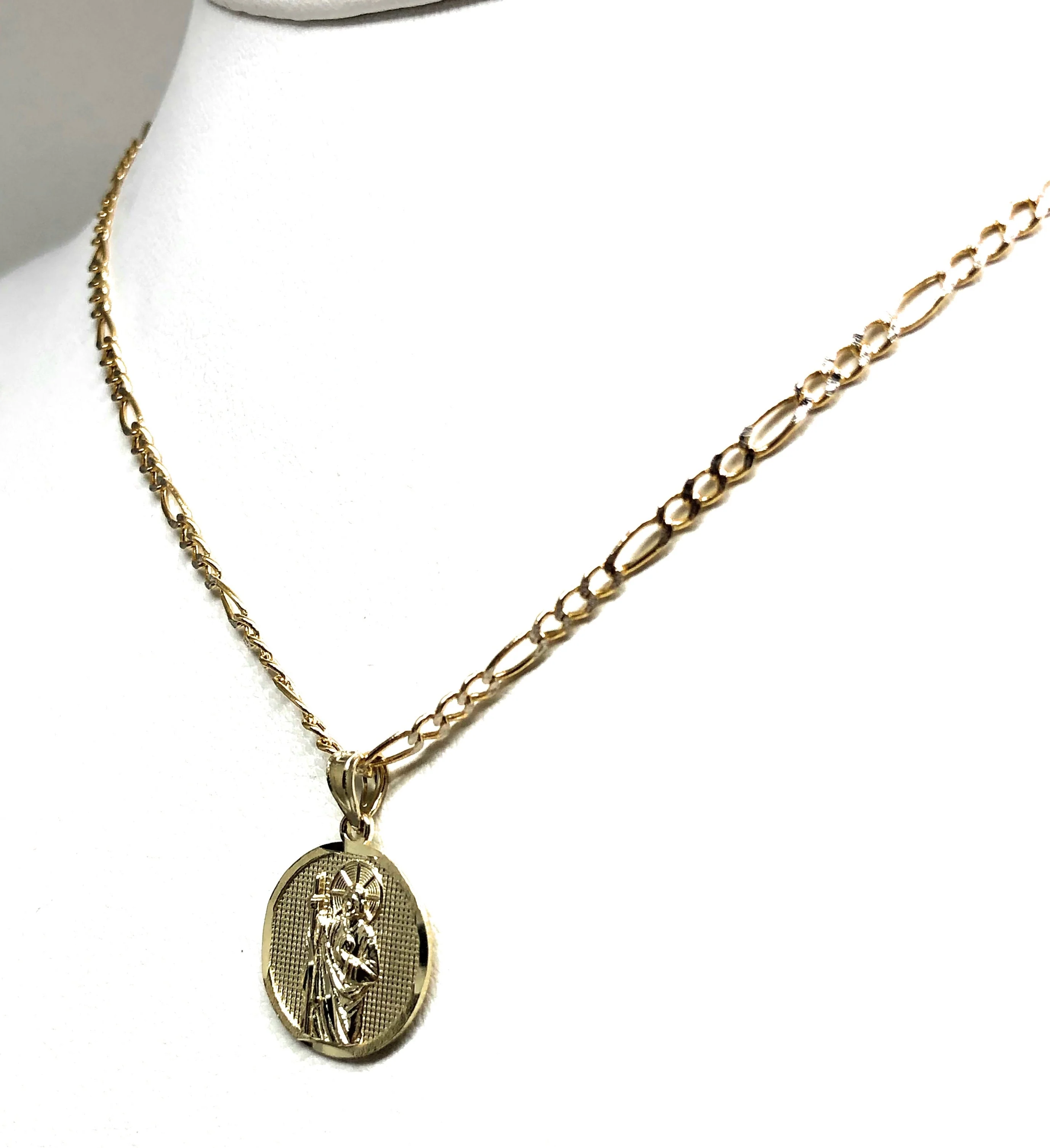 14k Solid Gold Yellow Saan Judas Saaint Jude Round Pendant Figaro Chain (SMALL) - Image 7