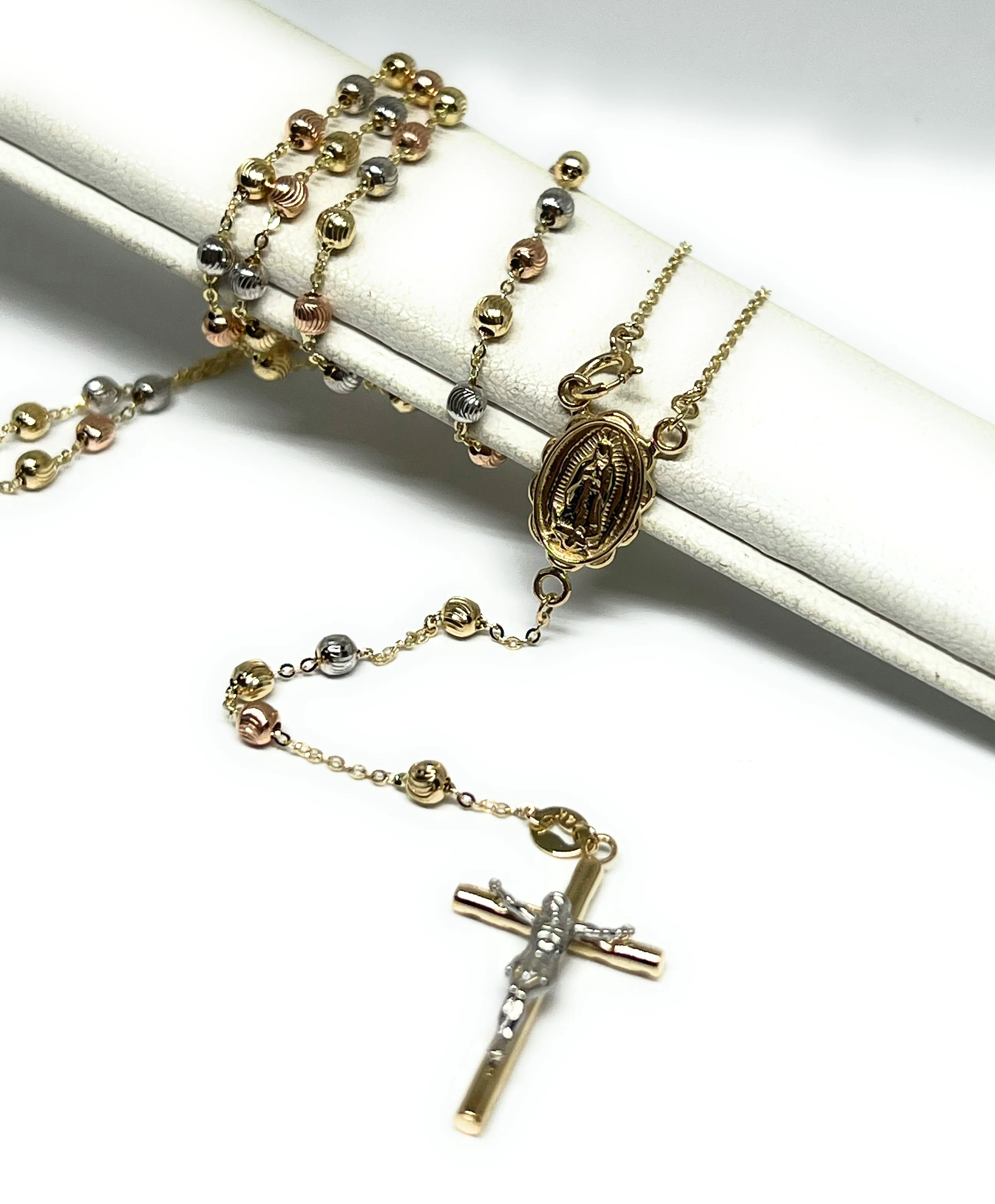 14k Solid Gold Tri-Color Virrgin Mary Rosarry Rosarrio 20 inch Necklace 3mm (FC) - Image 2