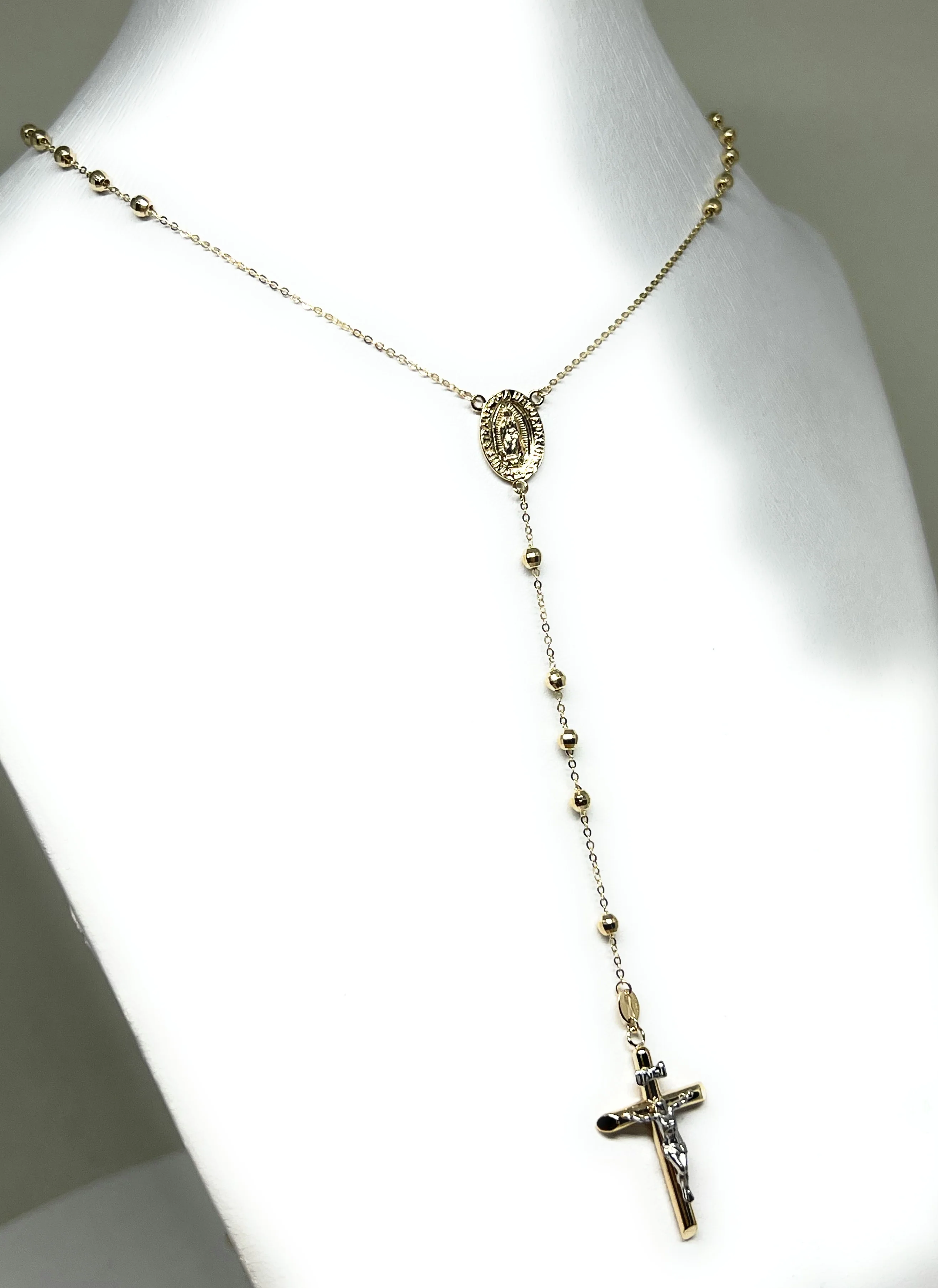 14k Solid Gold Yellow Virrgin Mary Rosarry Rosarrio 26 inch Necklace 3mm (FC) - Image 3