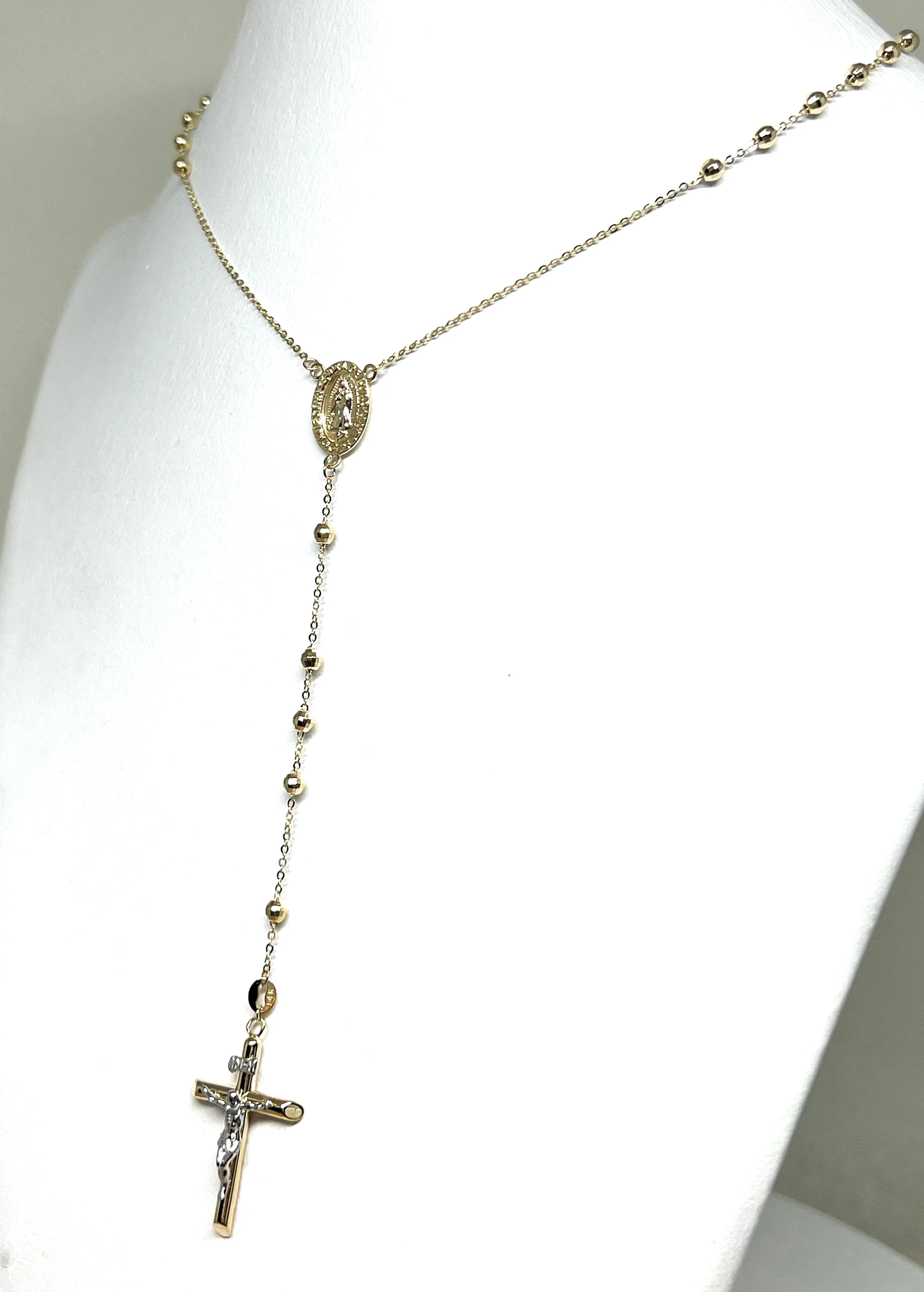 14k Solid Gold Yellow Virrgin Mary Rosarry Rosarrio 26 inch Necklace 3mm (FC) - Image 4