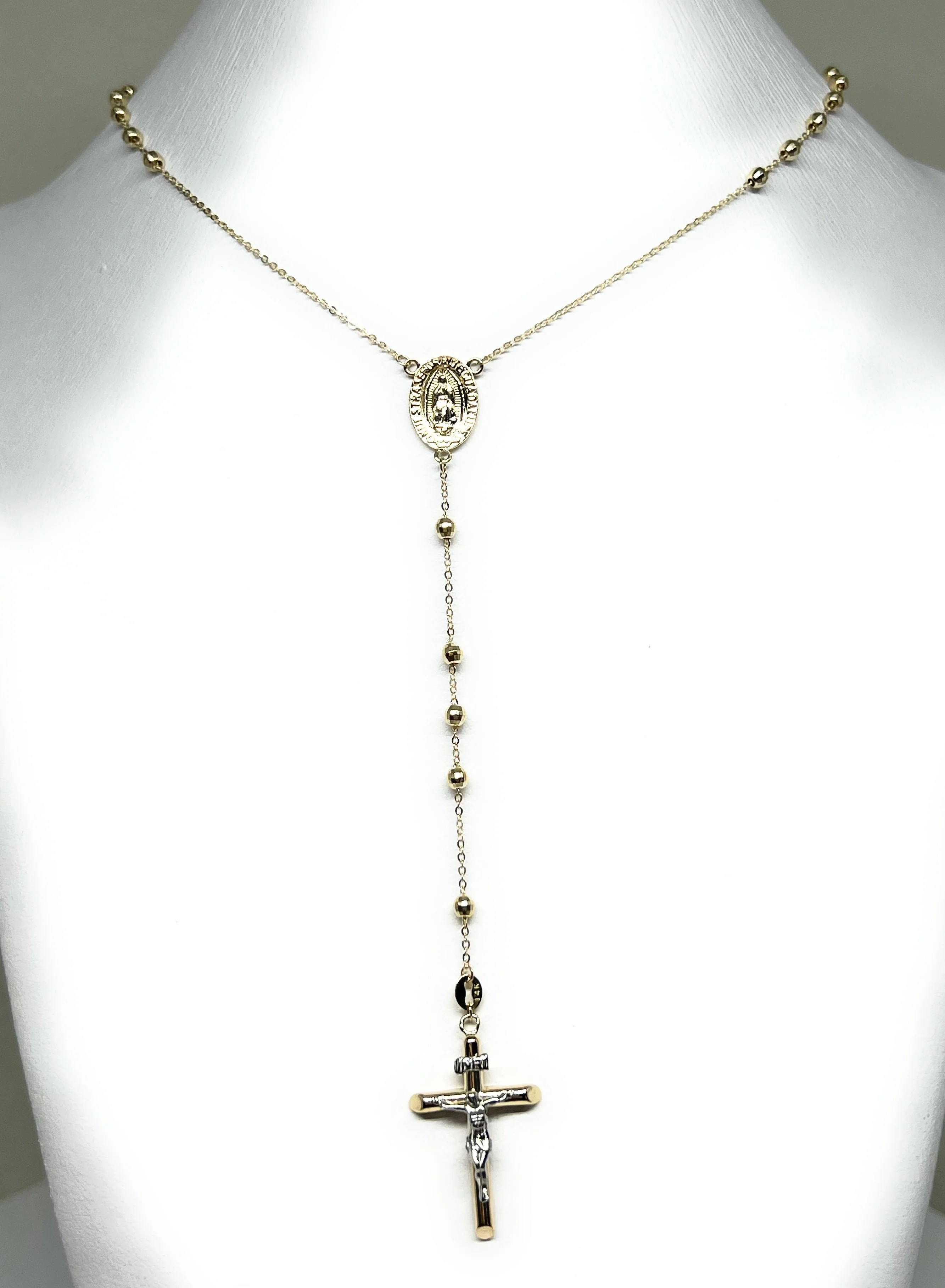 14k Solid Gold Yellow Virrgin Mary Rosarry Rosarrio 26 inch Necklace 3mm (FC) - Image 5